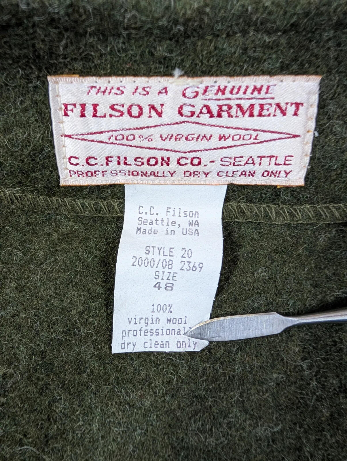 Filson Mackinaw Wool Vest Button Up Mens 3XL 48 Forest Green USA Made Style 20