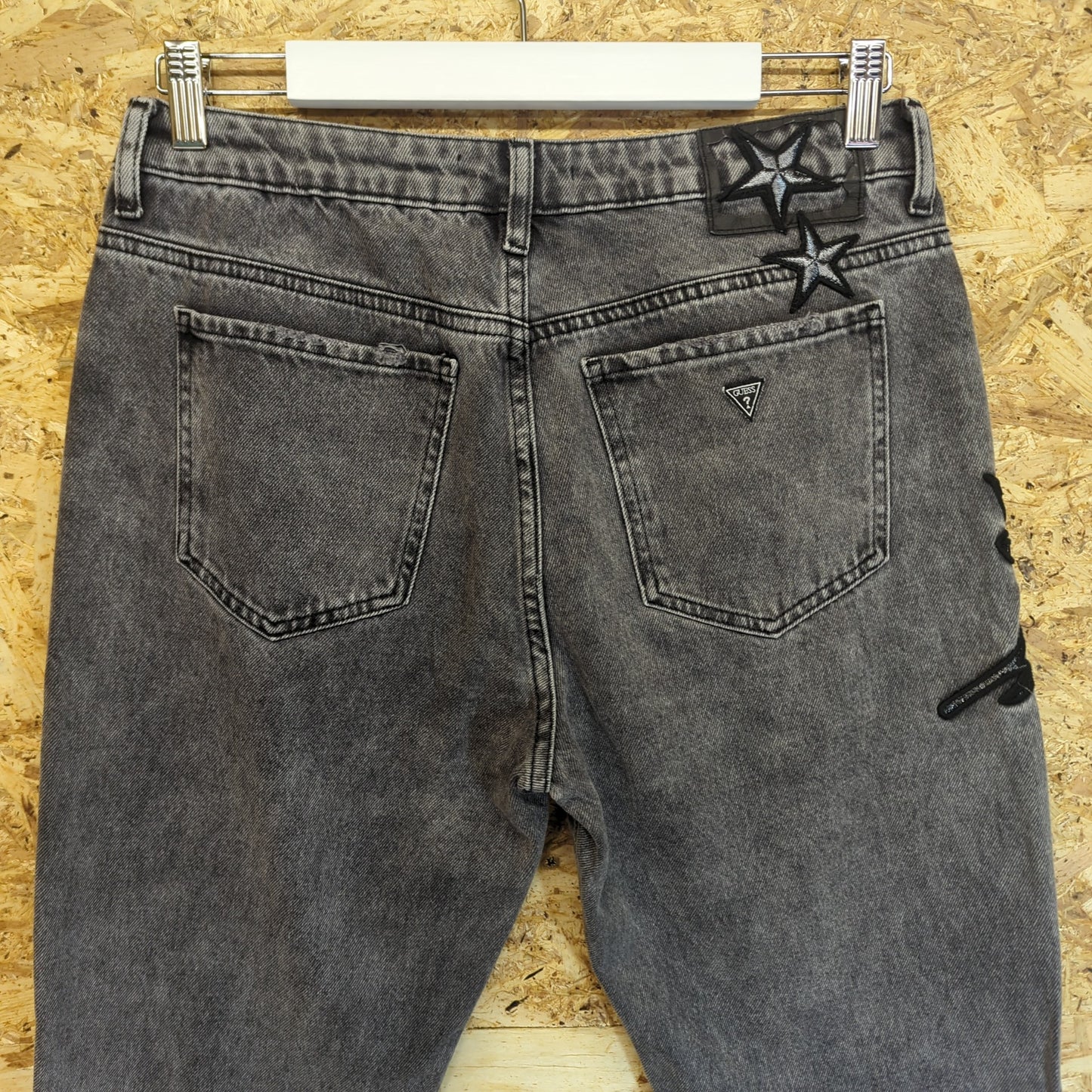 Guess Ninetees Skinny Black Grey Wash Mom Jeans Embroidered Womens W30 L29