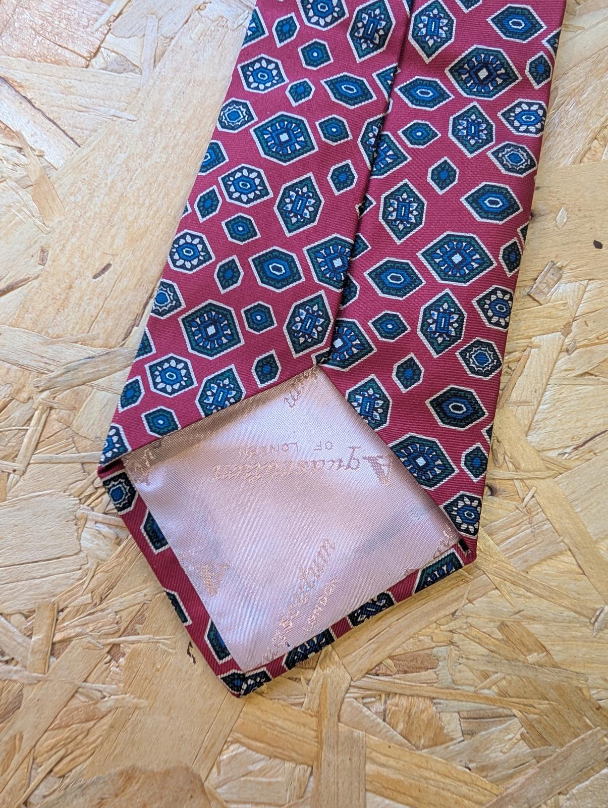 Aquascutum Silk Tie 58" 148cm Made In England Burgundy Red Gold Pattern