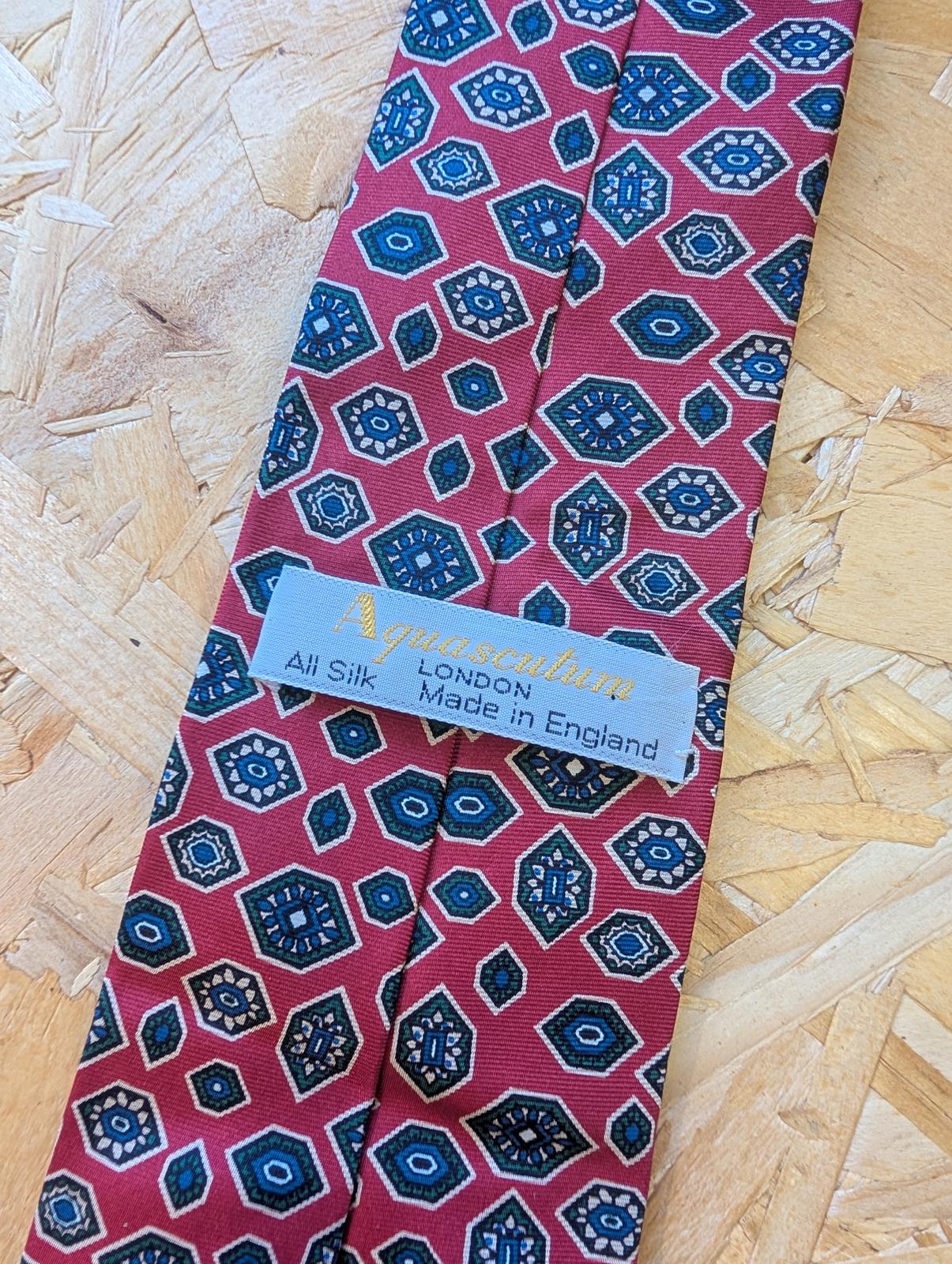 Aquascutum Silk Tie 58" 148cm Made In England Burgundy Red Gold Pattern