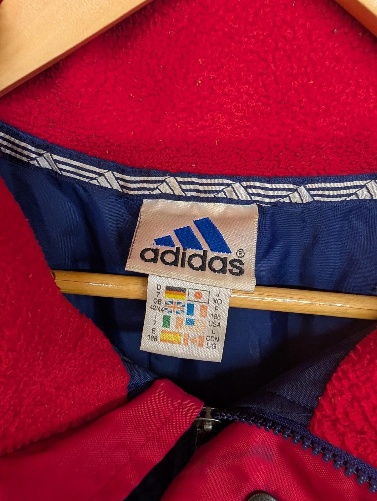 Adidas Parka Jacket Large Men Hooded Vintage 3-Stripes Navy Blue Red Padded Y2K