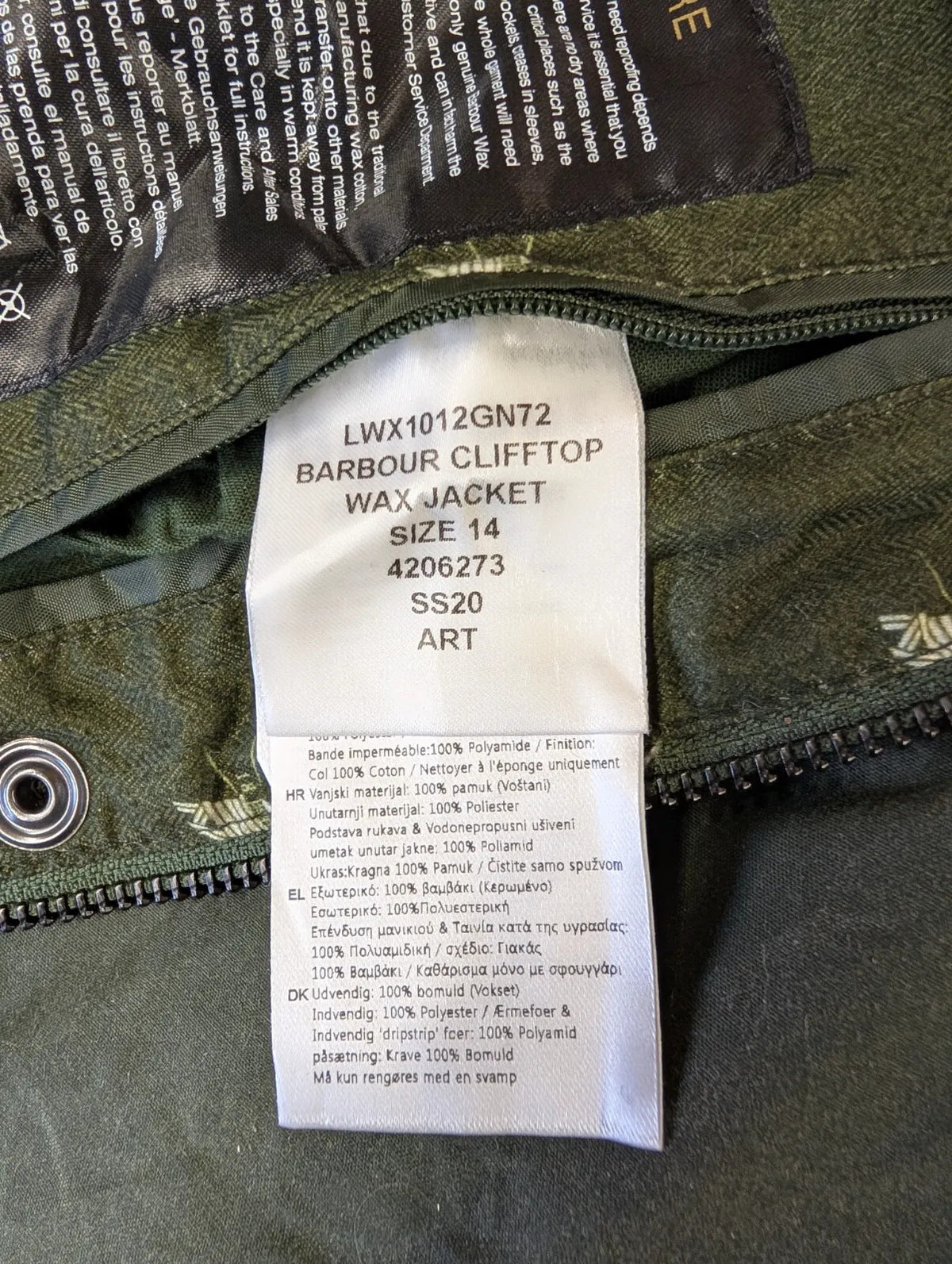 Barbour Clifftop Wax Jacket Womens UK14 Olive Green Cord Waterproof Cropped