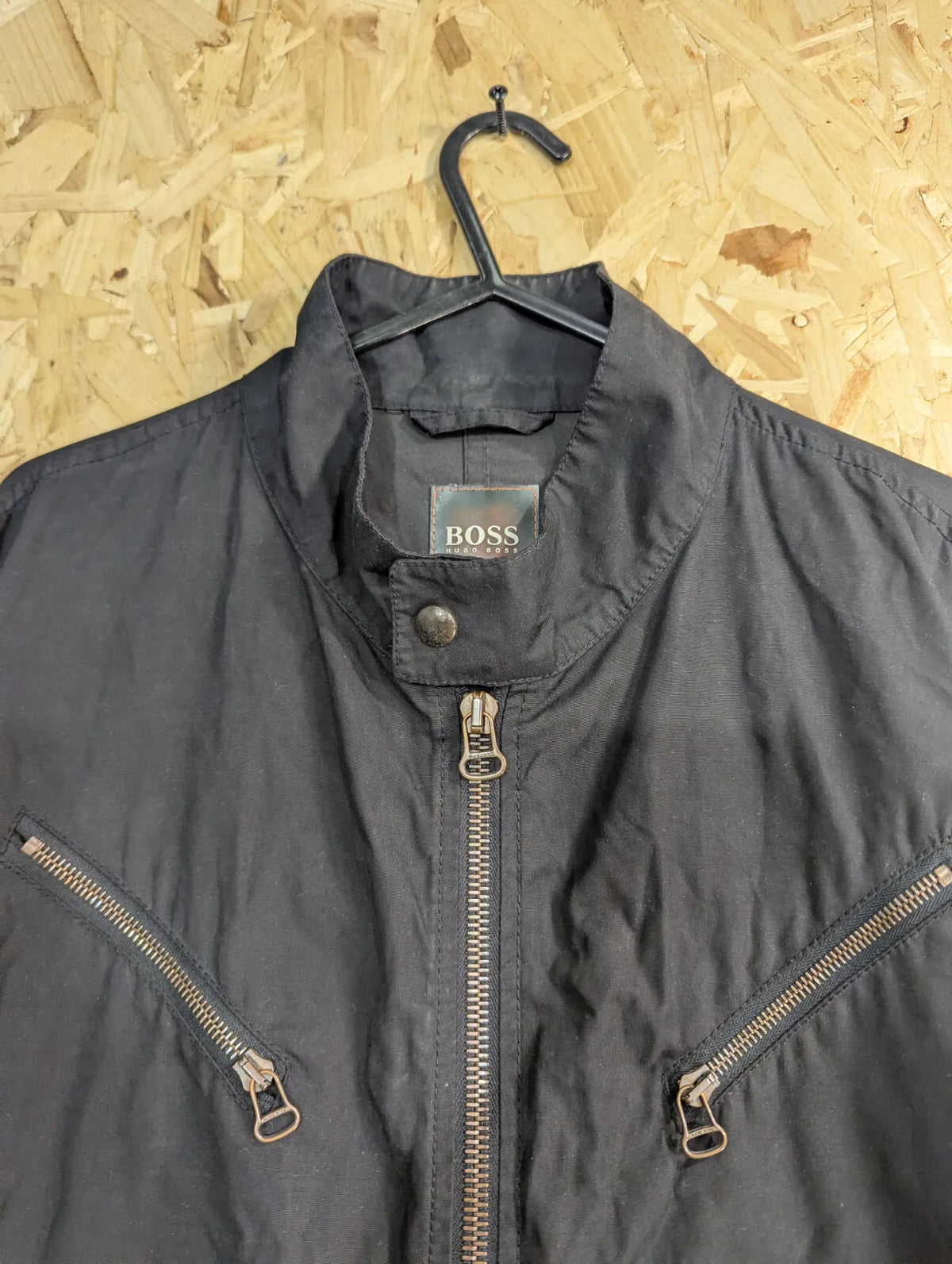 Vintage Hugo Boss Orange Bomber Jacket Mens Black Medium Collar Lightweight Y2K