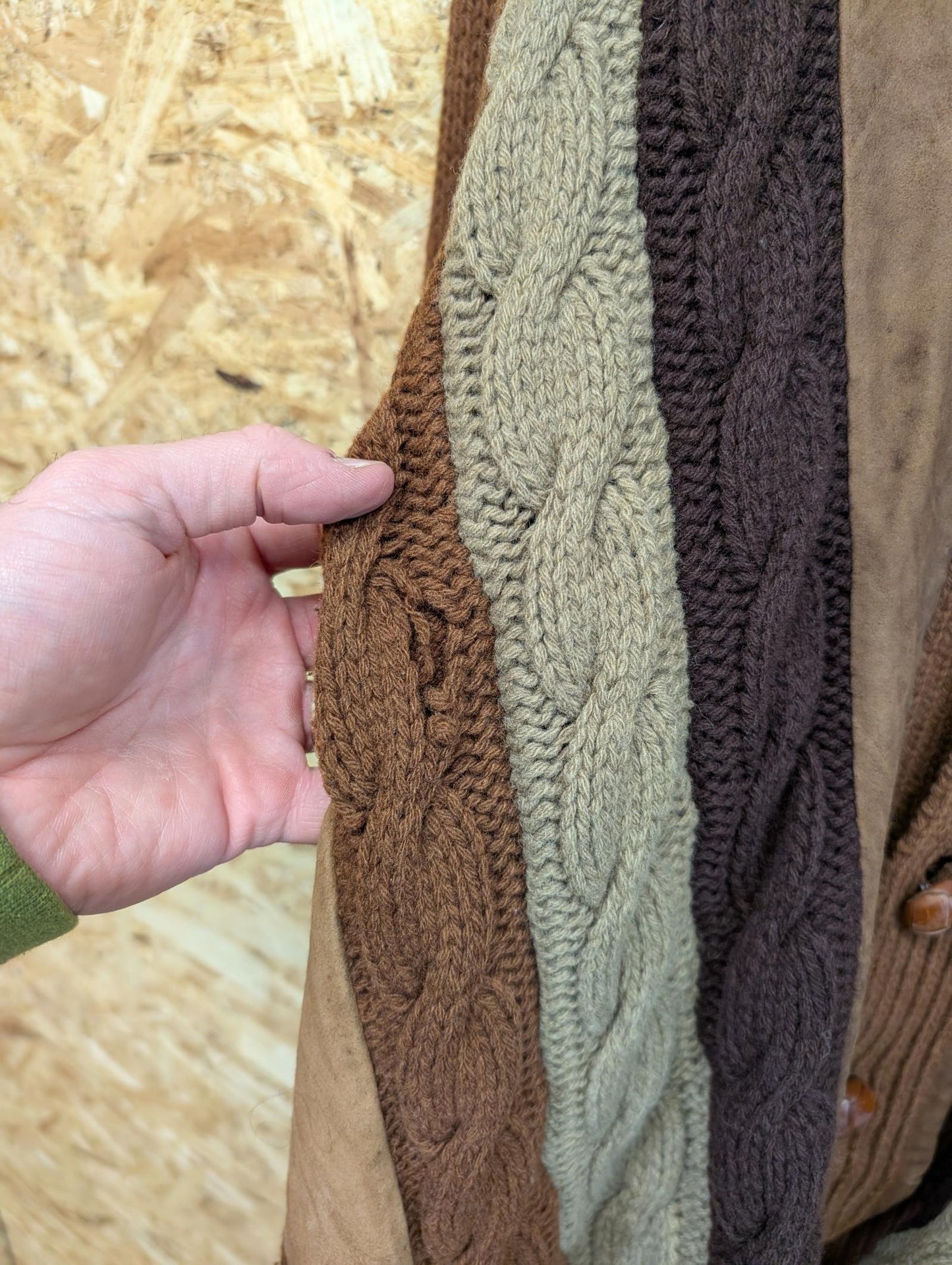 Dolce & Gabbana Large Cable Knit Cardigan Vintage 80s Brown Wool Leather Suede