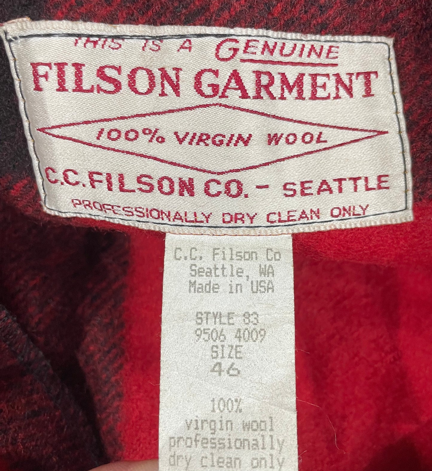 Filson Buffalo Plaid Red Black Lot 83 Double Mackinaw Wool Jacket Vintage 46 2XL