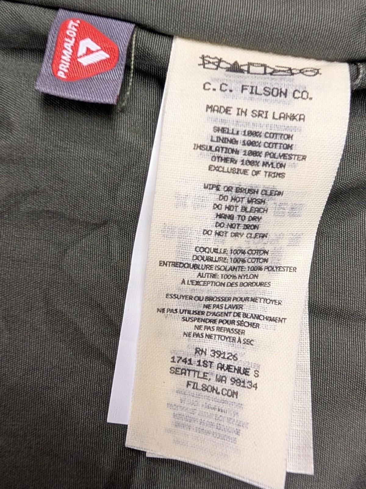 Filson Ranger Insulated Field Jacket Large Men Hooded Green Dry Wax Primaloft