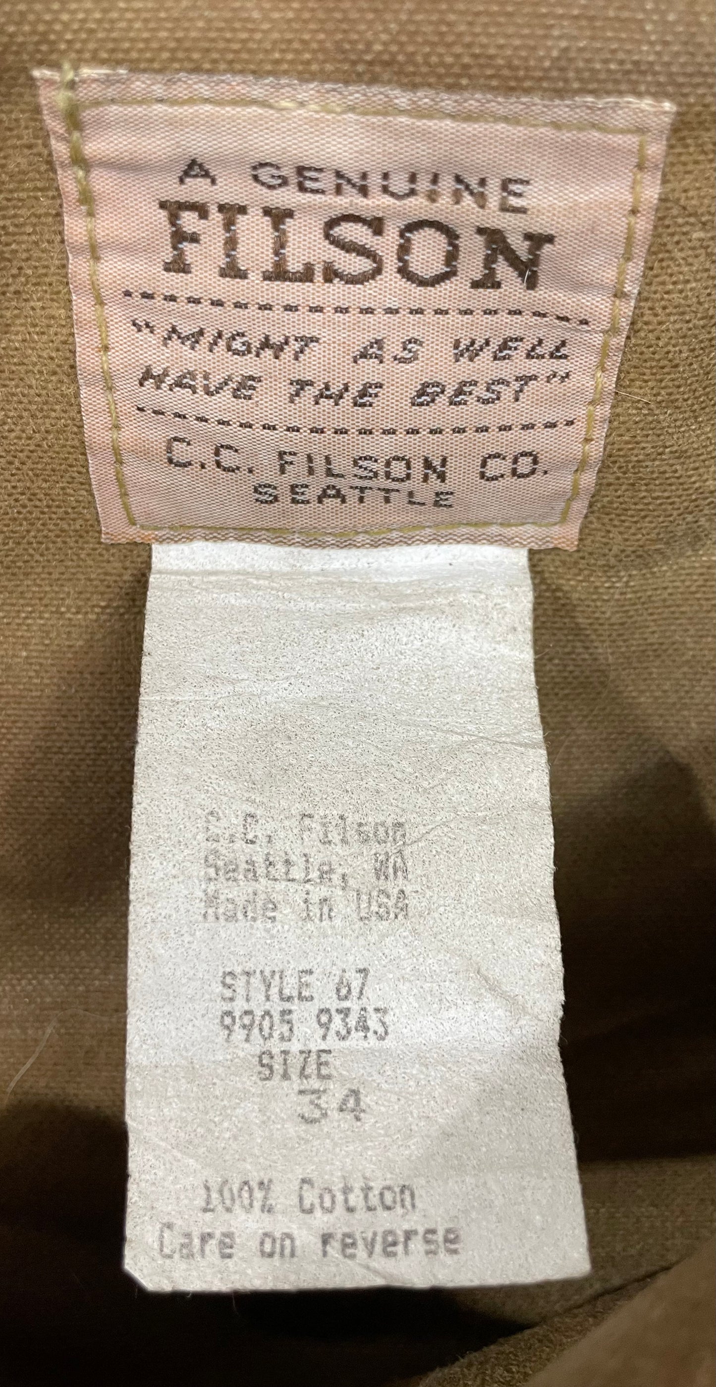 Filson Style 67 Double Tin Cloth Trousers Pantaloon Oil Finish Made In USA W34