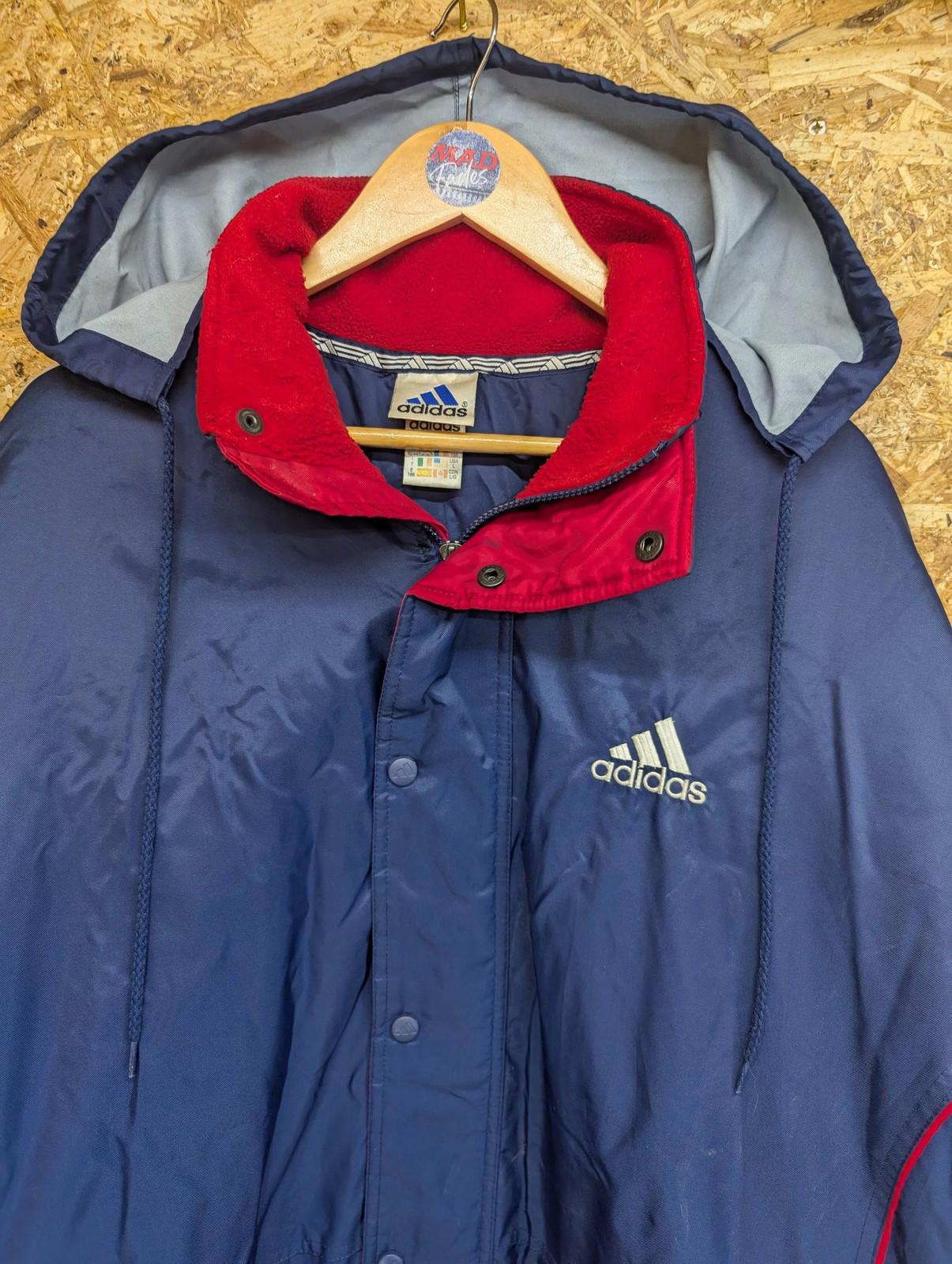 Adidas Parka Jacket Large Men Hooded Vintage 3-Stripes Navy Blue Red Padded Y2K