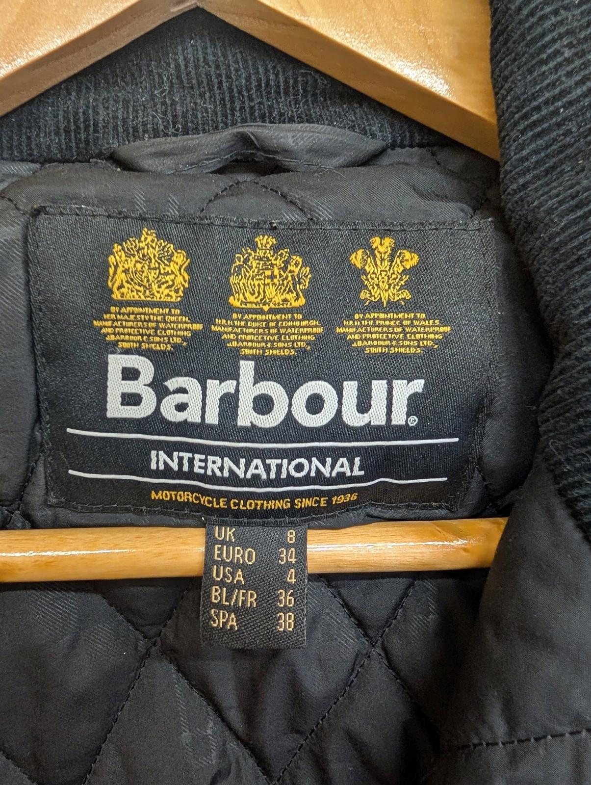 Barbour International Heyford Wax Jacket UK 8 Women Navy Blue Quilted Lined Belt
