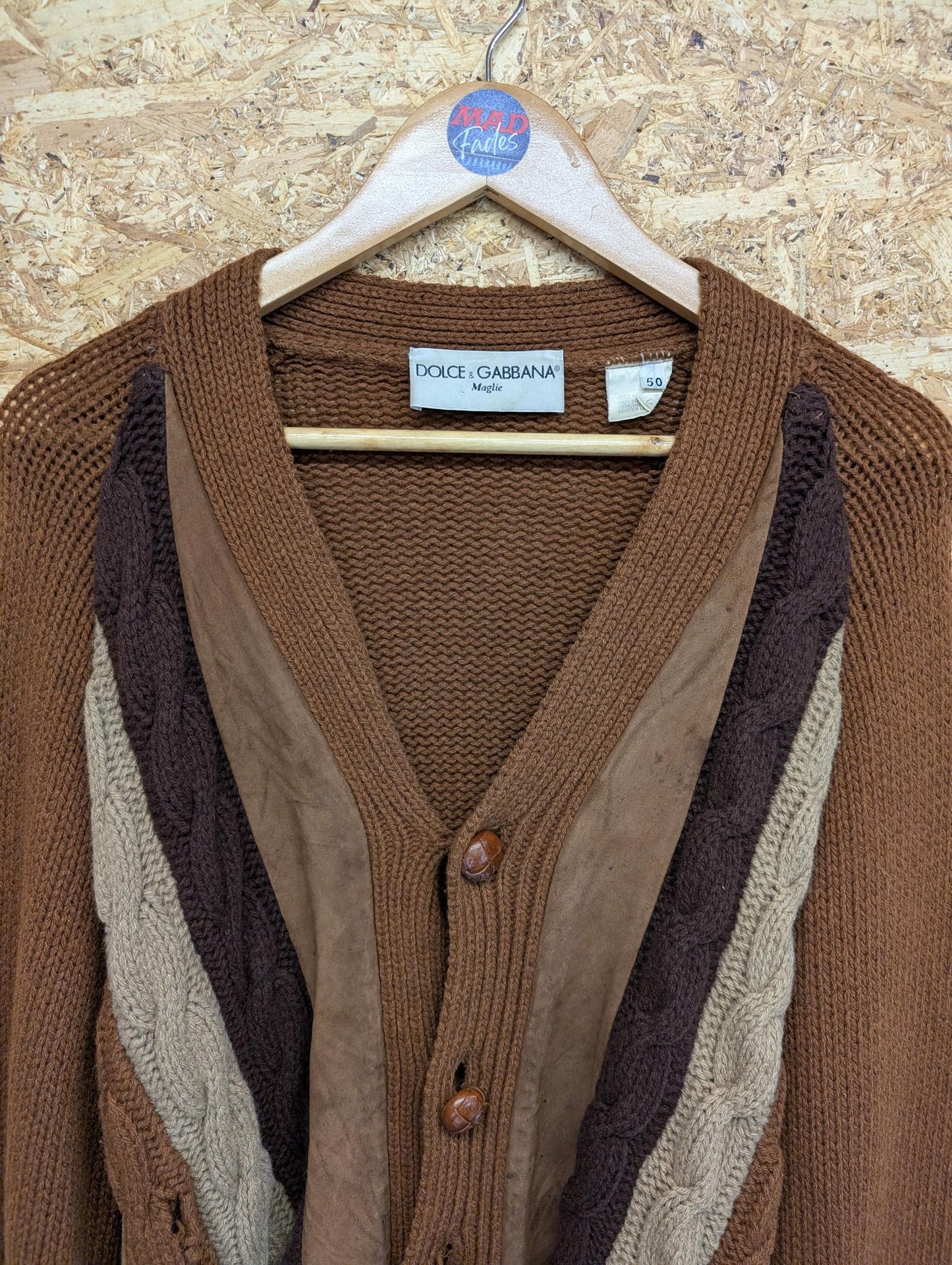 Dolce & Gabbana Large Cable Knit Cardigan Vintage 80s Brown Wool Leather Suede