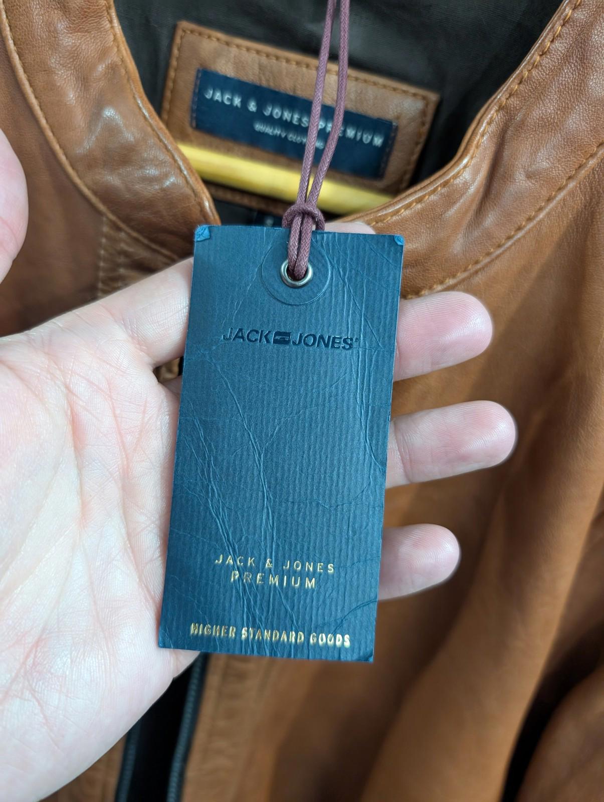 Jack & Jones Jacket Small Men JPR Russell Leather Biker Cognac Brown Tan Cafe