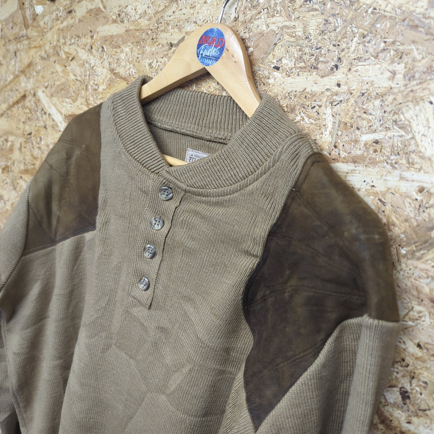 Filson Tan Brown Wool Henley Button Crew Neck Jumper Suede Sweater USA Medium