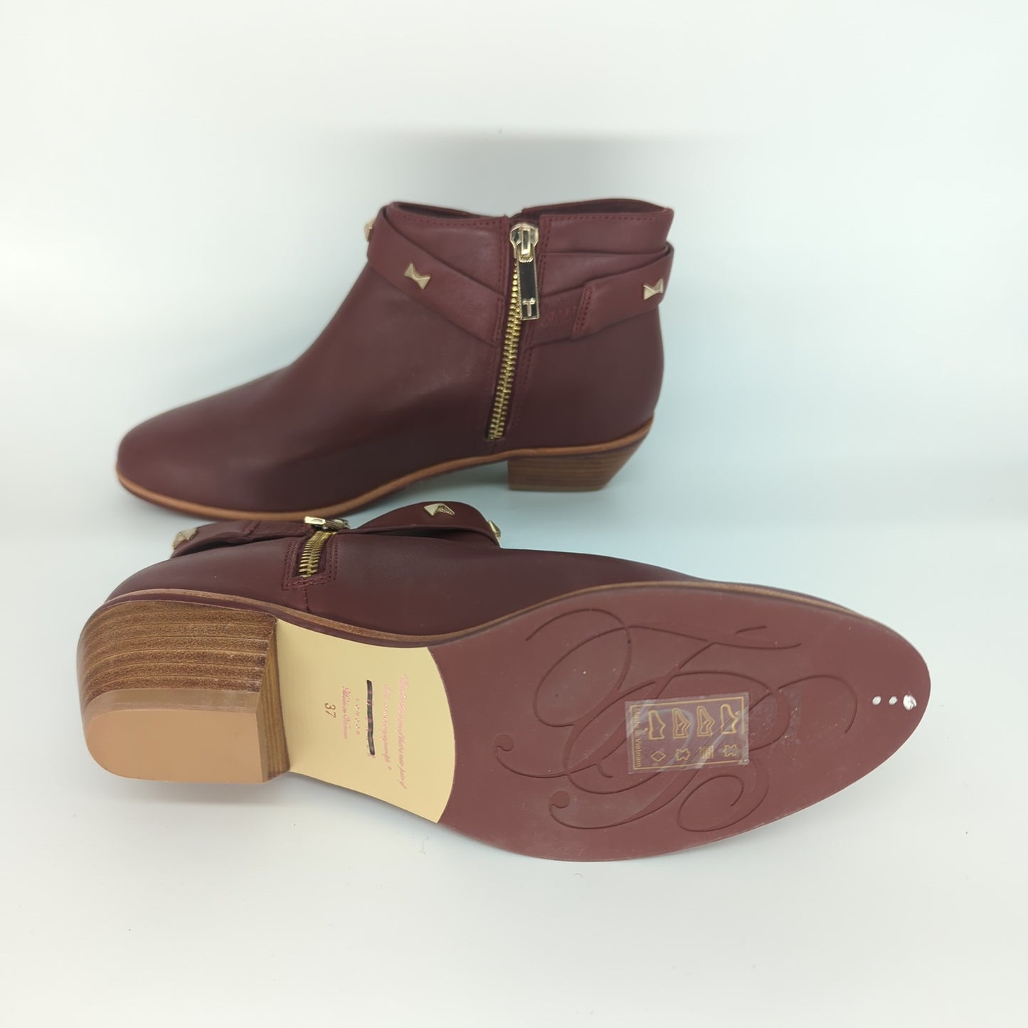 Ted Baker Homada Studded Leather Ankle Boots Burgundy Red Brown Size 4 Eu 37 New