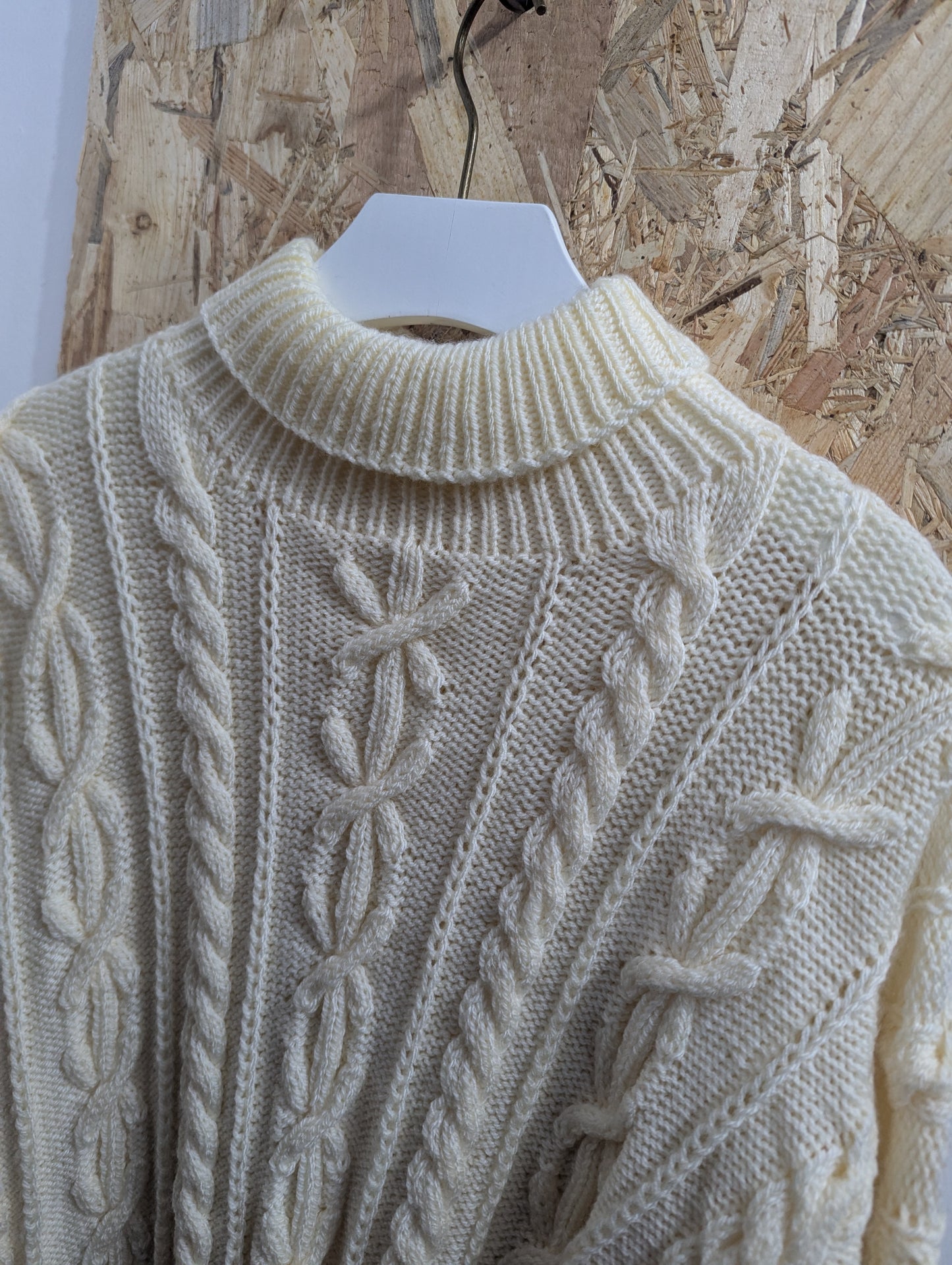 Handmade Turtleneck Cable Knit Jumper Cozy Sweater White Mens Large