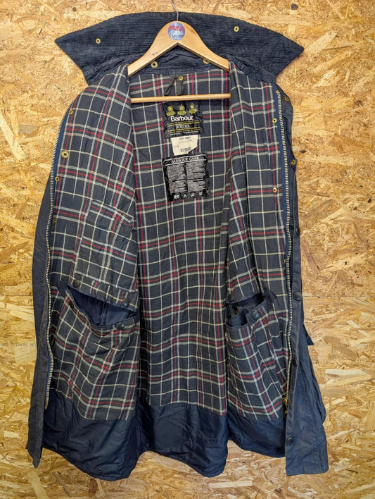 Barbour Border Long Wax Coat Mens C42 Large Navy A205 Cotton Cord Collar Tartan