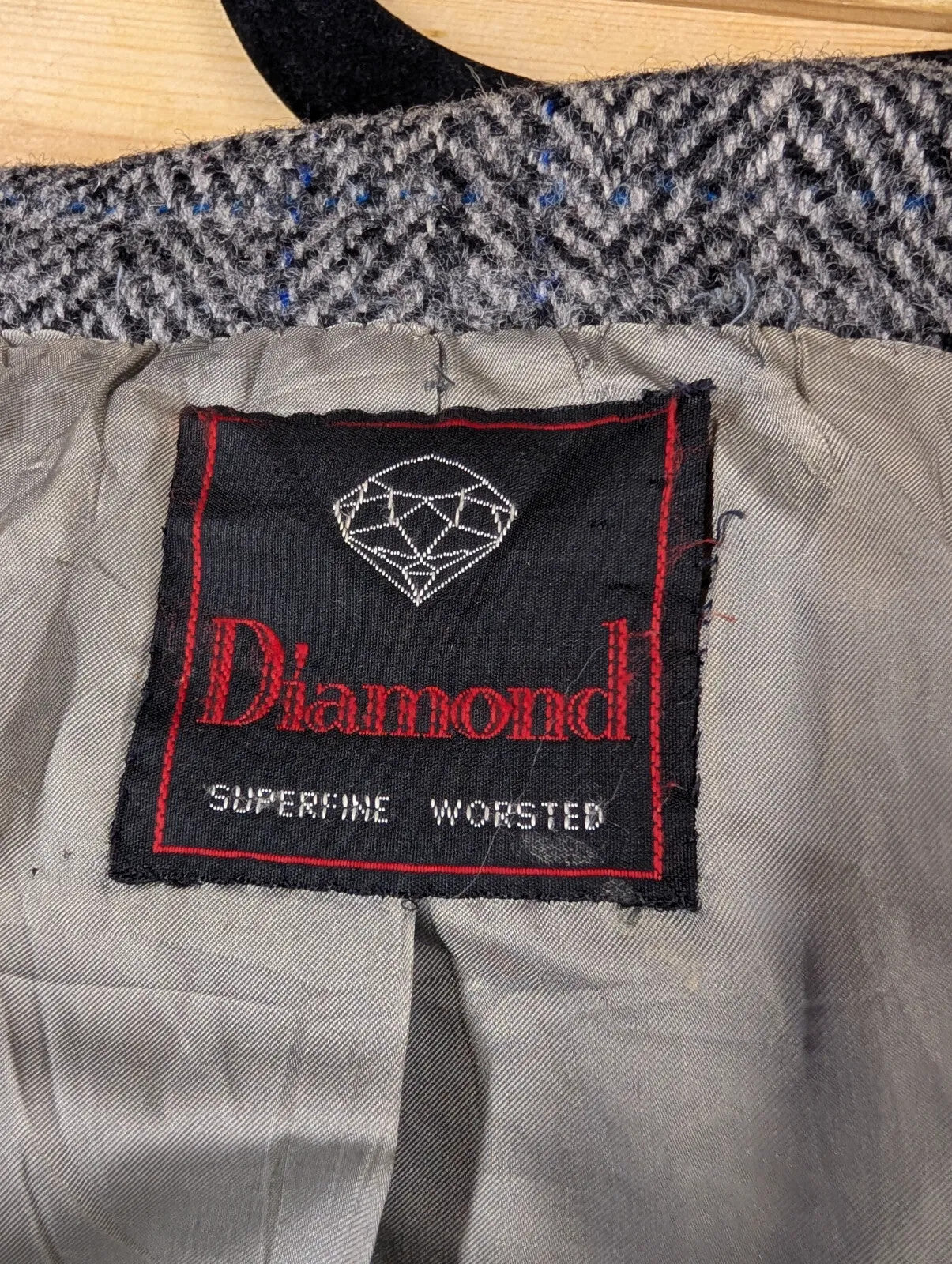 Vintage Tweed Overcoat Large Grey Blue Wool Herringbone Button Up Diamond 70s