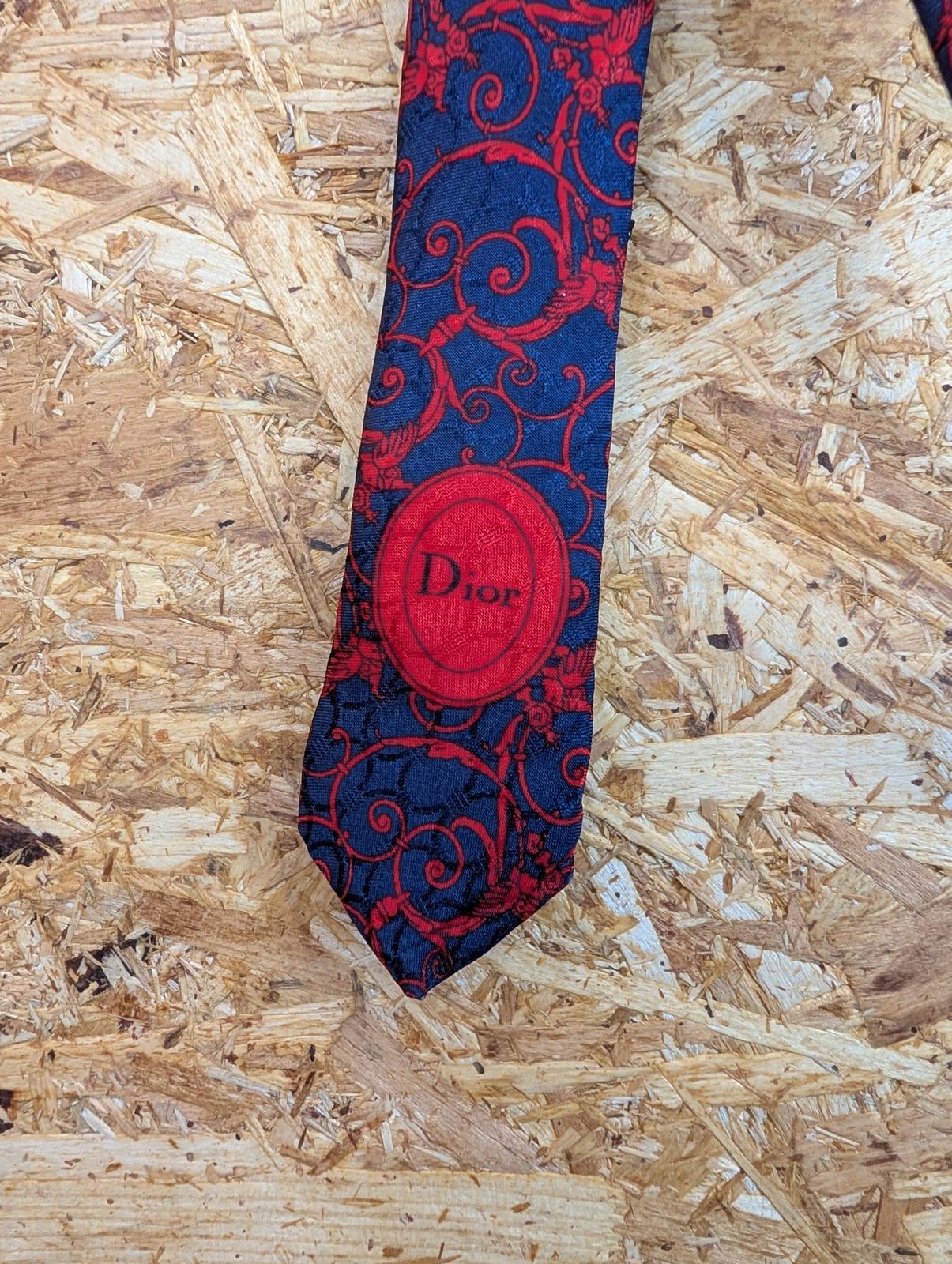 Christian Dior Monsieur Silk Tie 60" 152cm Made In France Navy Blue Red Pattern