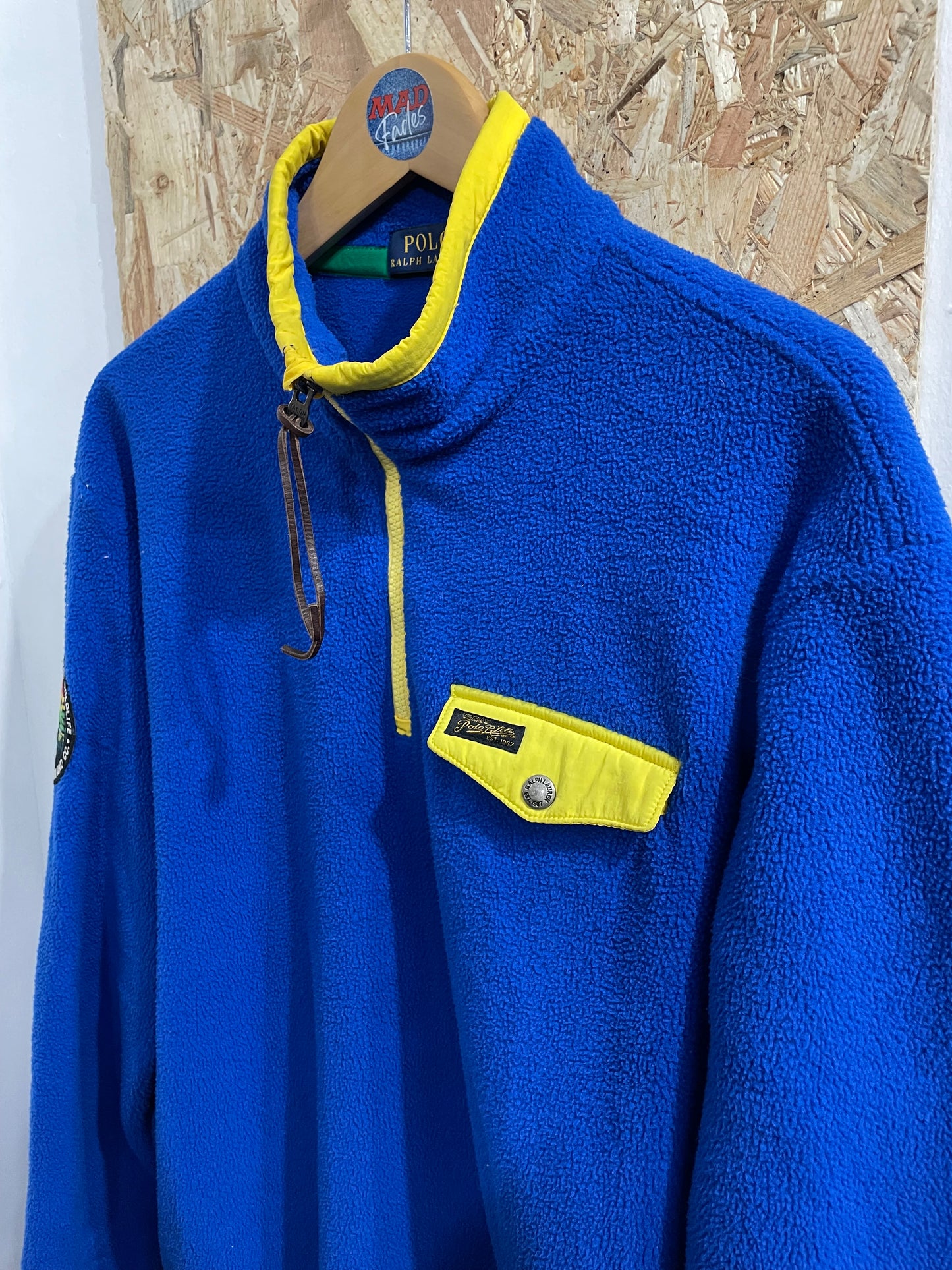 Ralph Lauren Polo Warm Fleece Pullover Jumper 1/4 Zip Blue Yellow Mens Large