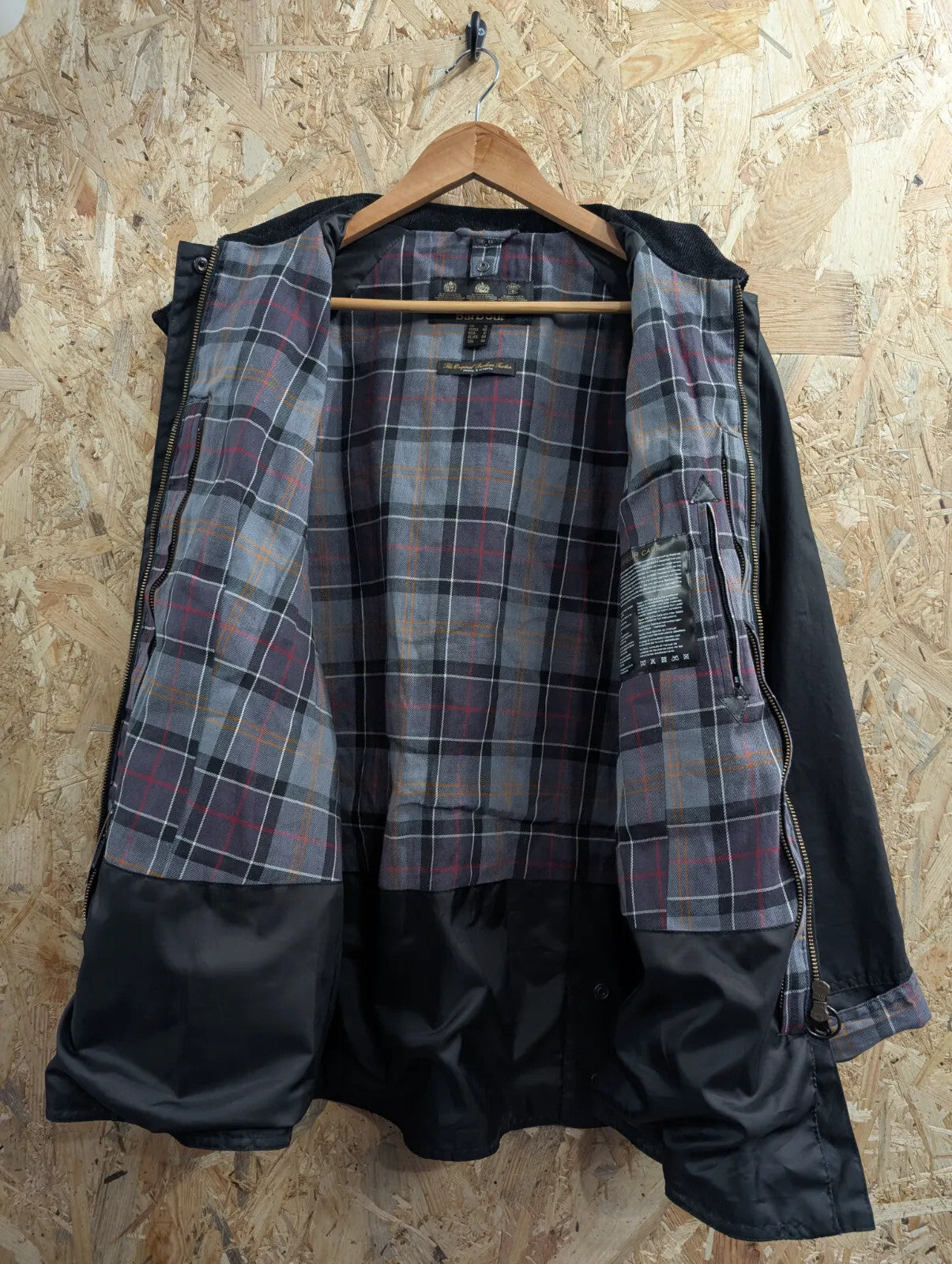 Barbour Beadnell Wax Jacket Womens UK16 Black Cotton Plaid Tartan Cord Chinstrap