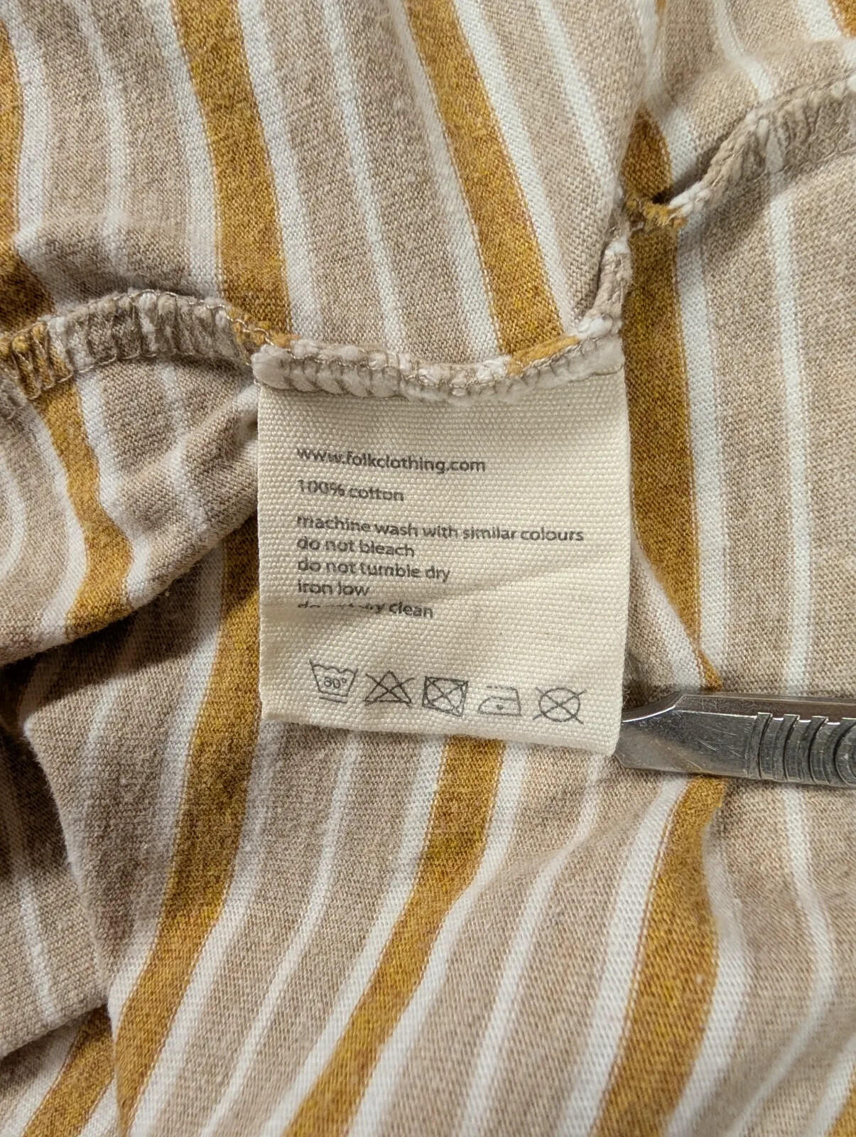 Folk Clothing Crew Neck T-Shirt Large White Beige Mustard Stripe Short Sleeve