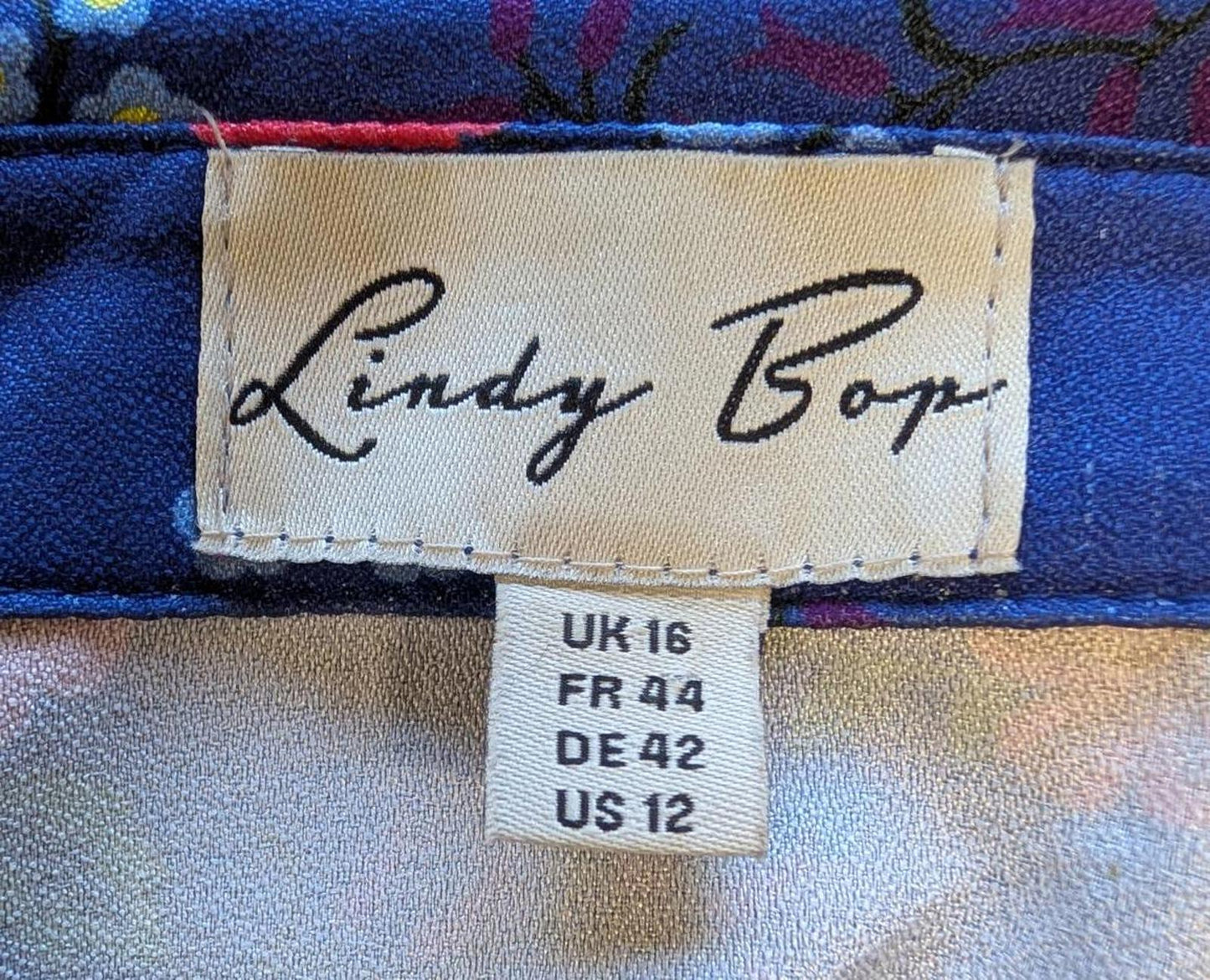 Lindy Bop Blouse Size UK 16 Navy Blue Shirt Floral Tie Front Light Short Sleeve