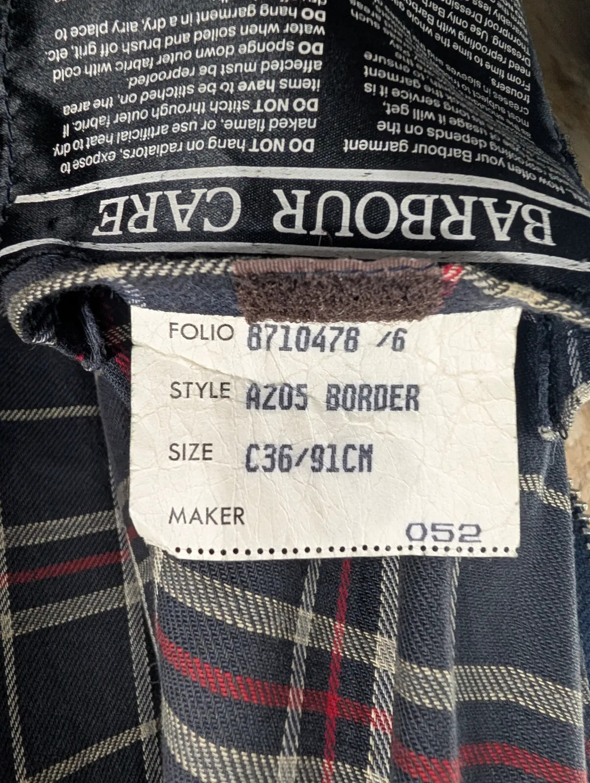 Barbour Border Wax Coat Men Small C36 91cm Navy Cotton Tartan Lining Cord Collar