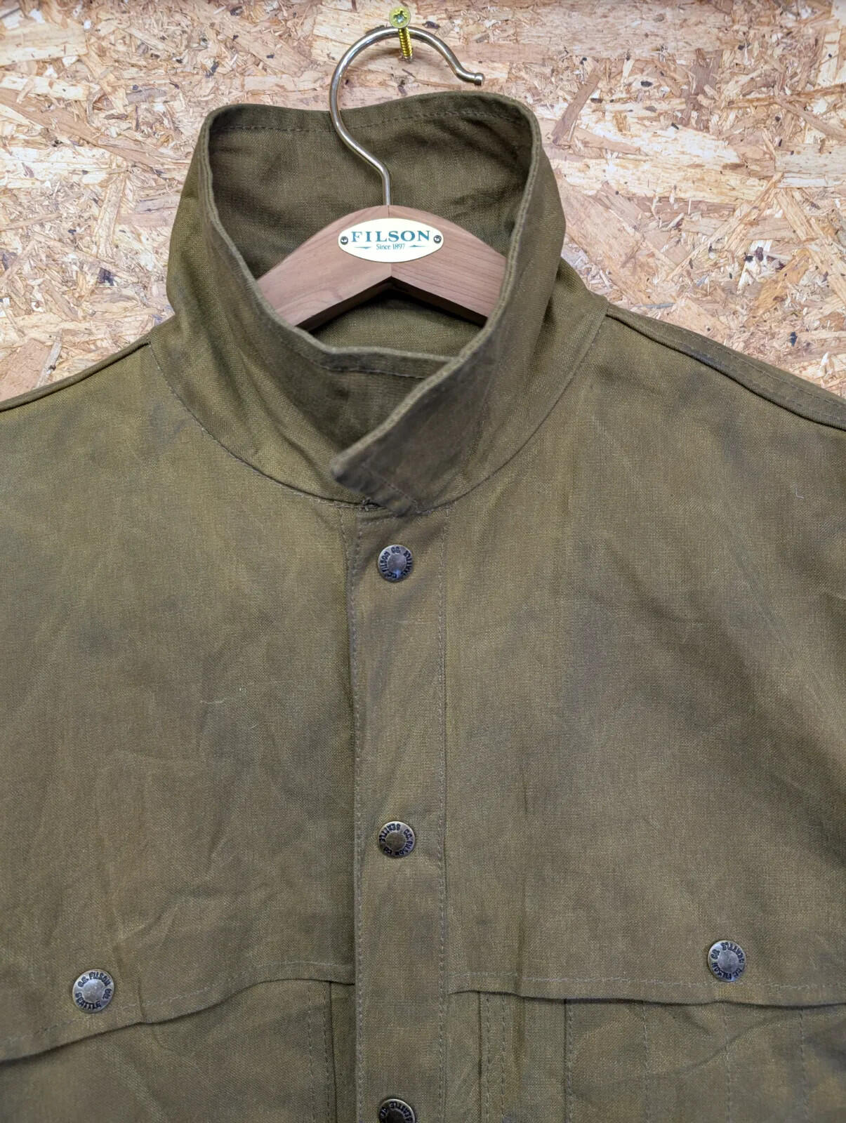 Filson Tin Cloth Cruiser Field Jacket Men Medium Long Brown Snap Double USA Tan