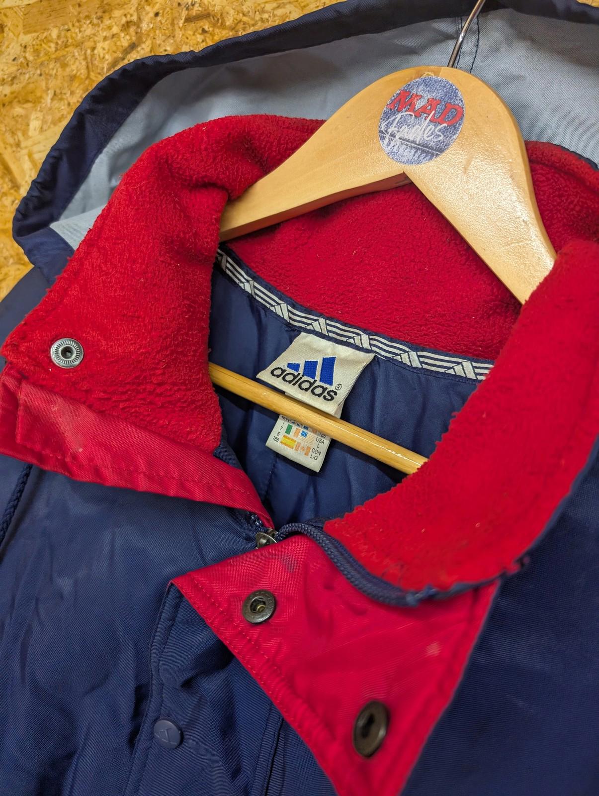 Adidas Parka Jacket Large Men Hooded Vintage 3-Stripes Navy Blue Red Padded Y2K