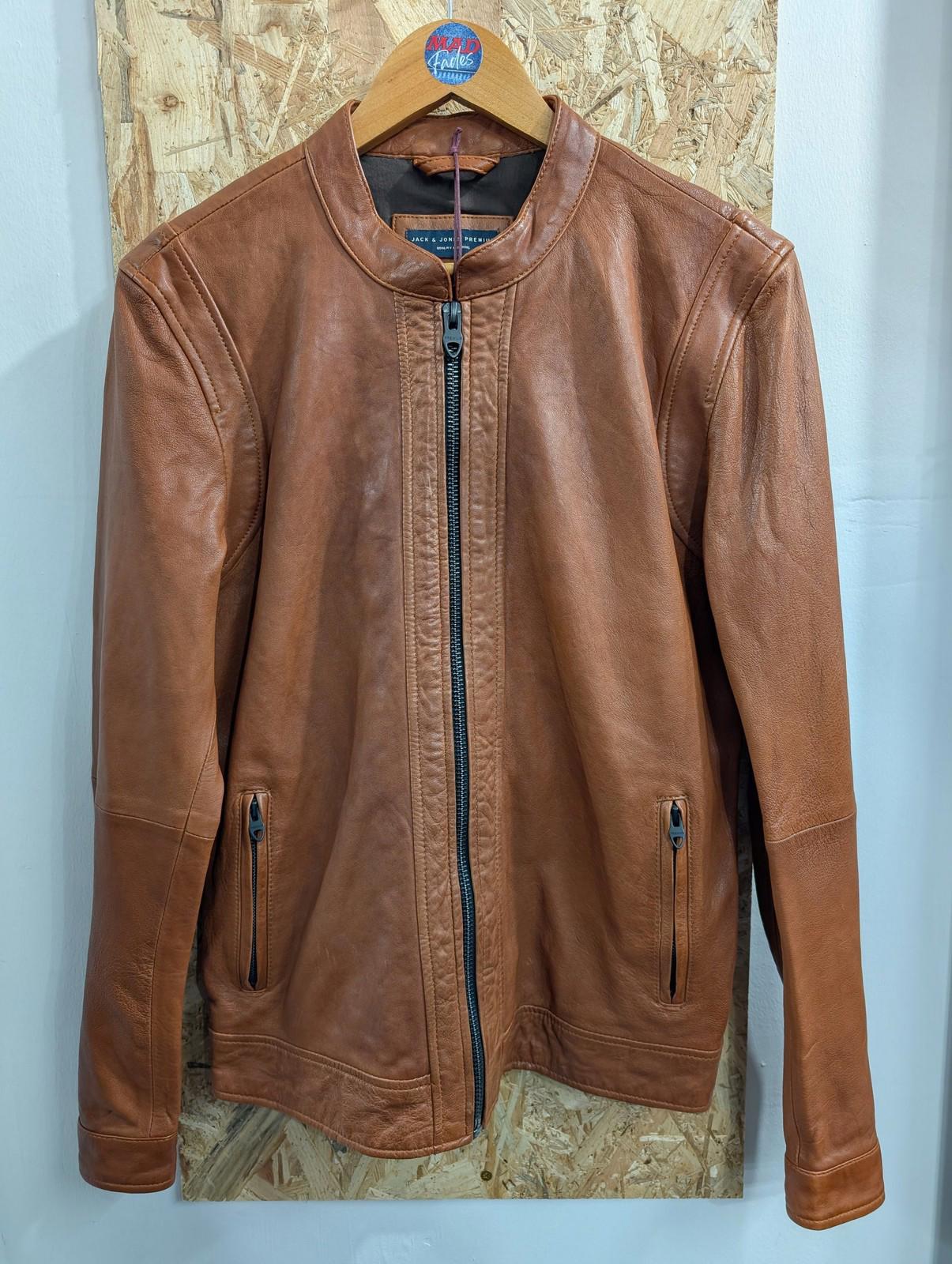 Jack & Jones Jacket Small Men JPR Russell Leather Biker Cognac Brown Tan Cafe