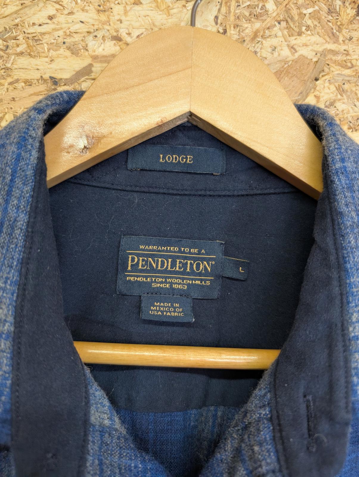 Pendleton Lodge Shirt Mens Large Navy Blue Grey Check Plaid Wool USA