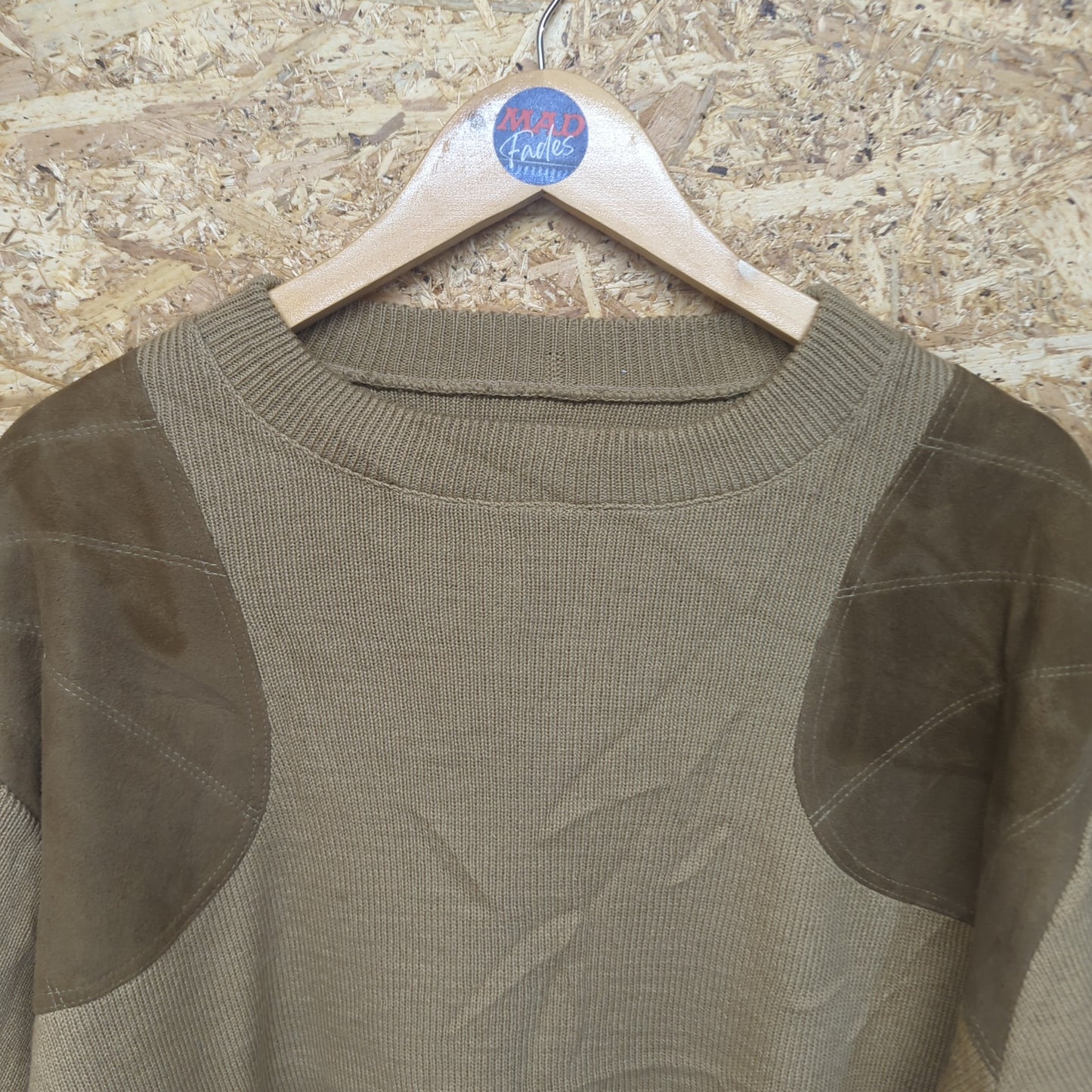 Filson Tan Brown Wool Crew Neck Jumper Suede Hunting Shooting Sweater USA Large