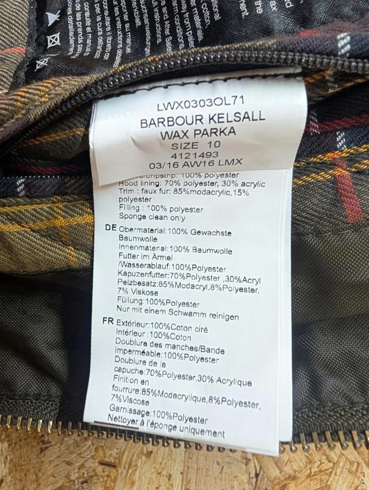 Barbour Kelsall Wax Parka Jacket Size 10 Women Tartan Coat Green Fleece Hood