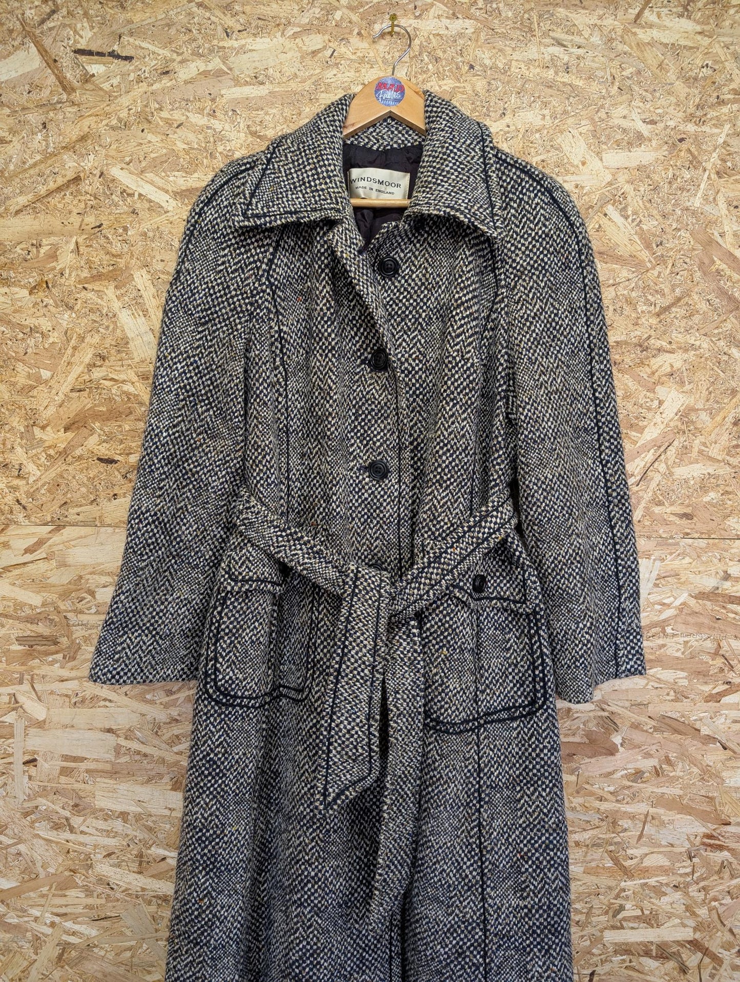Windsmoor Wool Tweed Trench Coat Mac Long Blue White Made in England Size 14