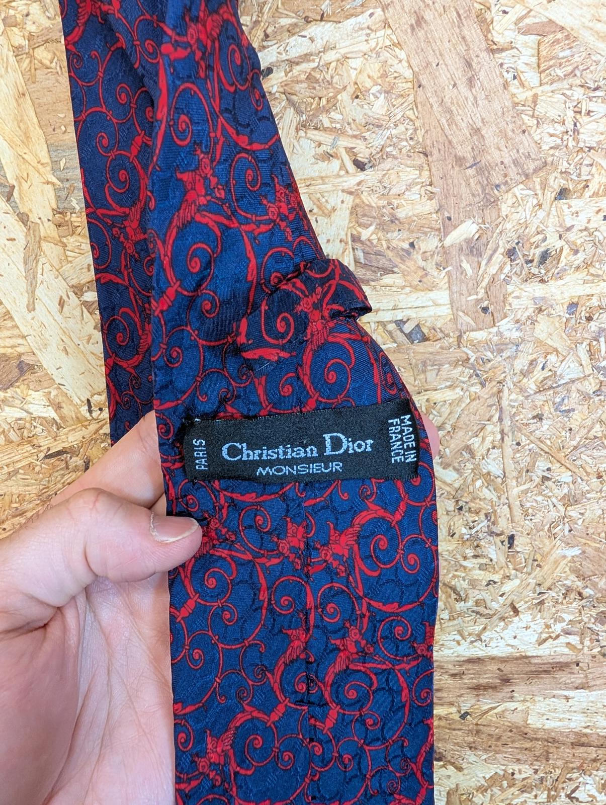 Christian Dior Monsieur Silk Tie 60" 152cm Made In France Navy Blue Red Pattern