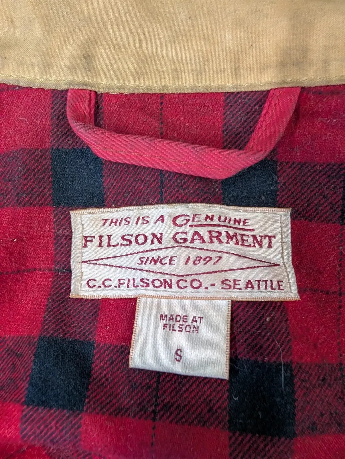 Filson Short Lined Cruiser Jacket Mens Small Tan Cotton Checked USA Made