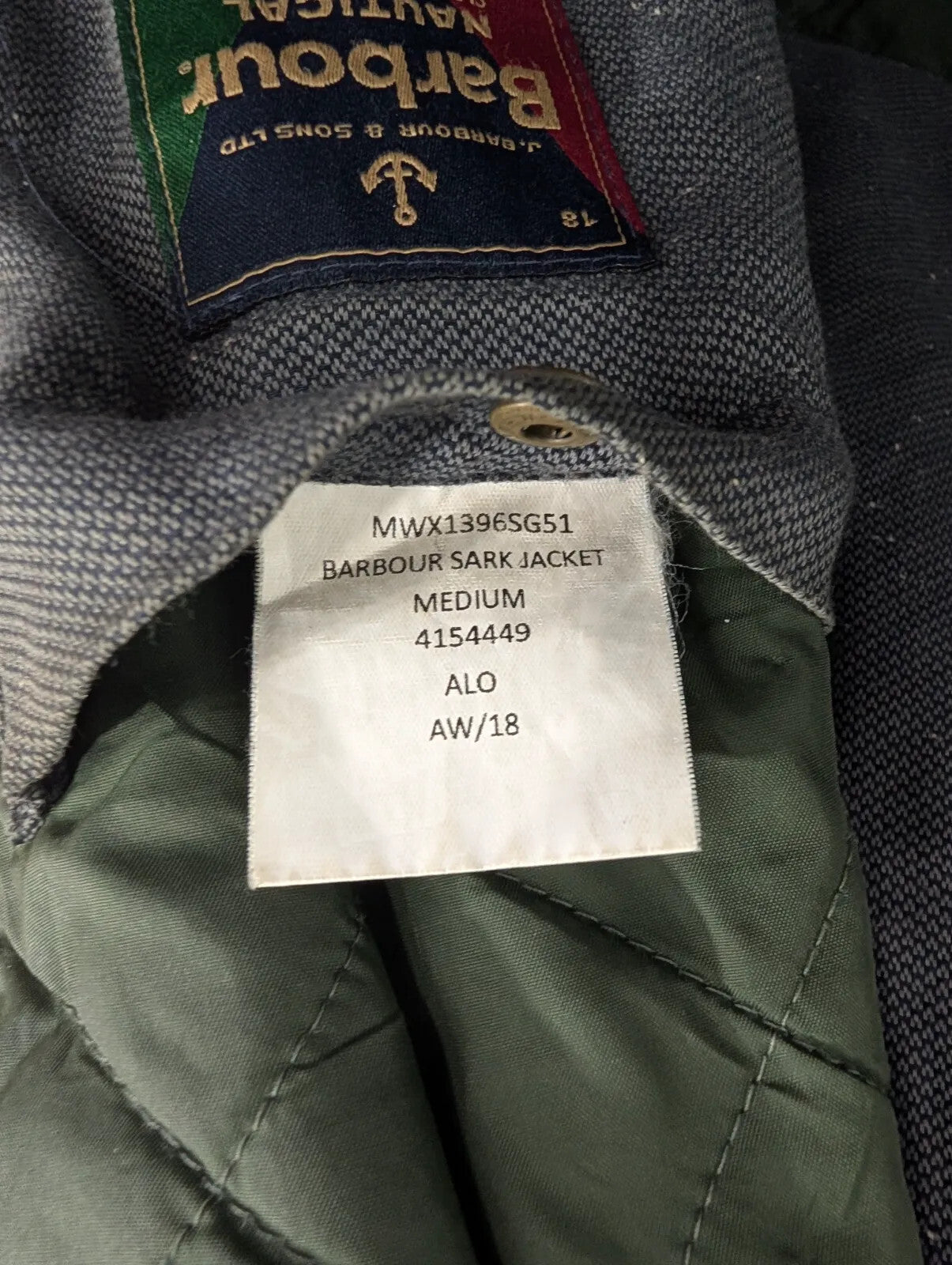 Barbour Sark Jacket Mens Medium Olive Green Waxed Cotton Quilted Cord Collar