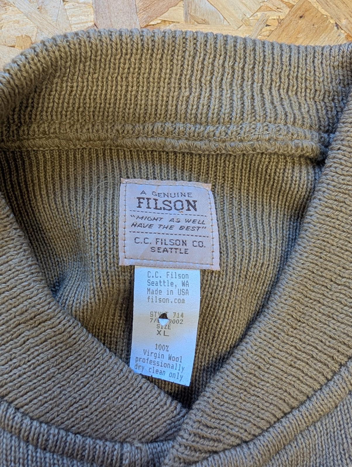 Filson Henley Guide Jumper XL Men Wool Khaki Tan Brown Shoulder Patch Made USA