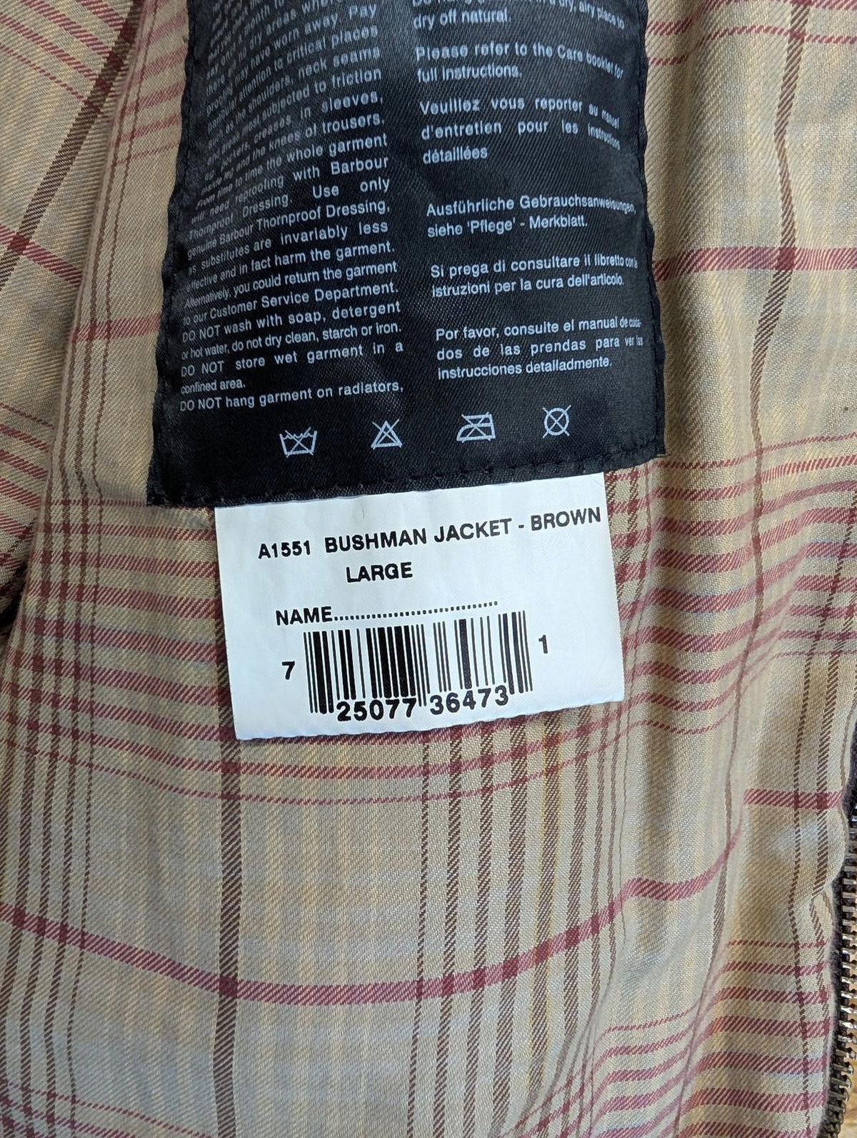 Barbour Bushman Jacket Large Men Waxed Cotton Brown England Made Tartan Leather