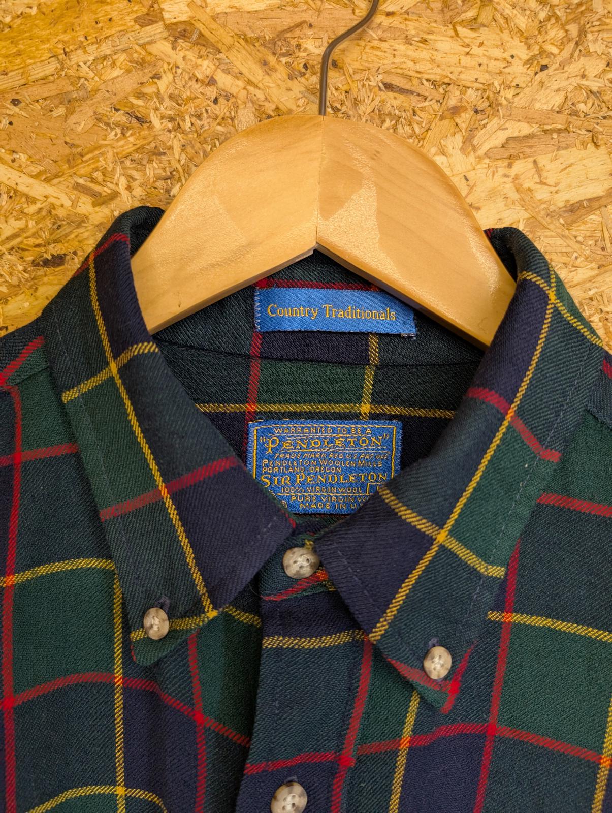 Pendleton Country Traditionals Shirt Large Navy Blue Green Plaid Wool Made USA