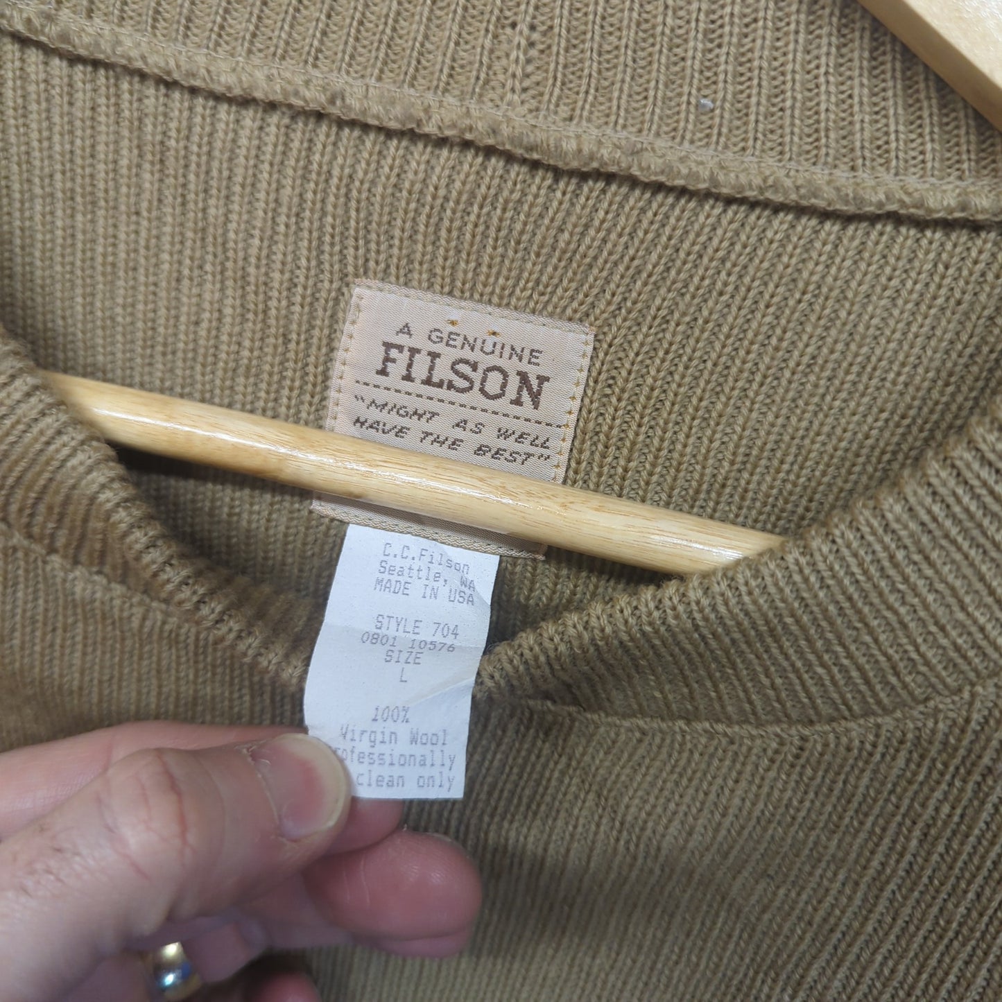 Filson Tan Brown Wool Crew Neck Jumper Suede Hunting Shooting Sweater USA Large
