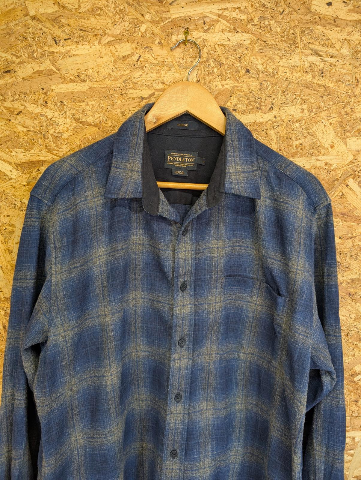 Pendleton Lodge Shirt Mens Large Navy Blue Grey Check Plaid Wool USA