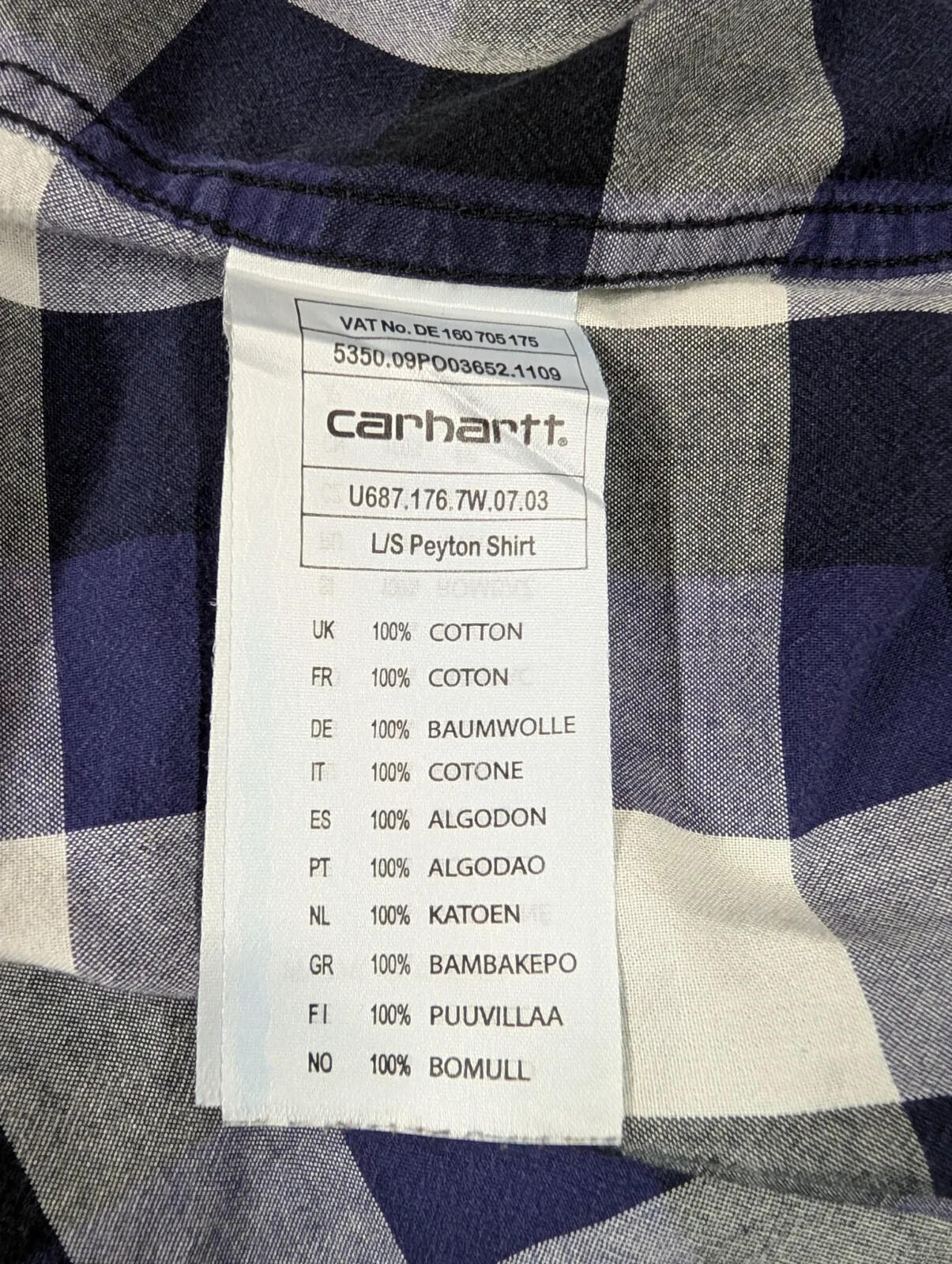 Carhartt Peyton Shirt Mens XL Long Sleeve Blue Purple White Check Cotton Plaid