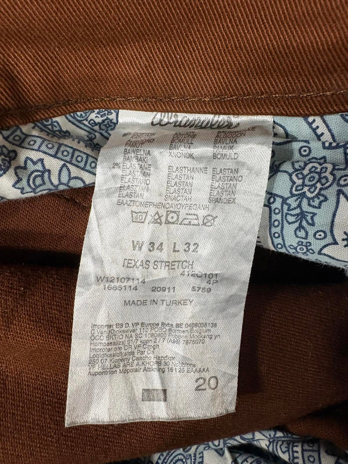 Wrangler Texas Stretch Jeans W34 L32 Men Straight Fit Brown Denim Zip Fly