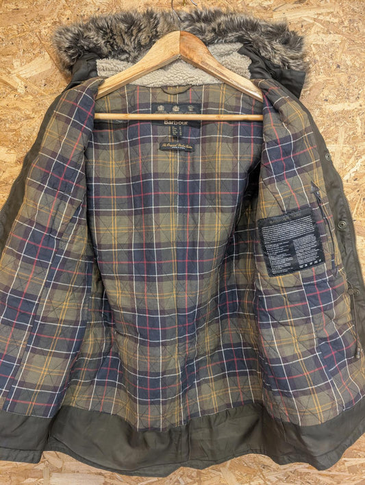 Barbour Kelsall Wax Parka Jacket Size 10 Women Tartan Coat Green Fleece Hood