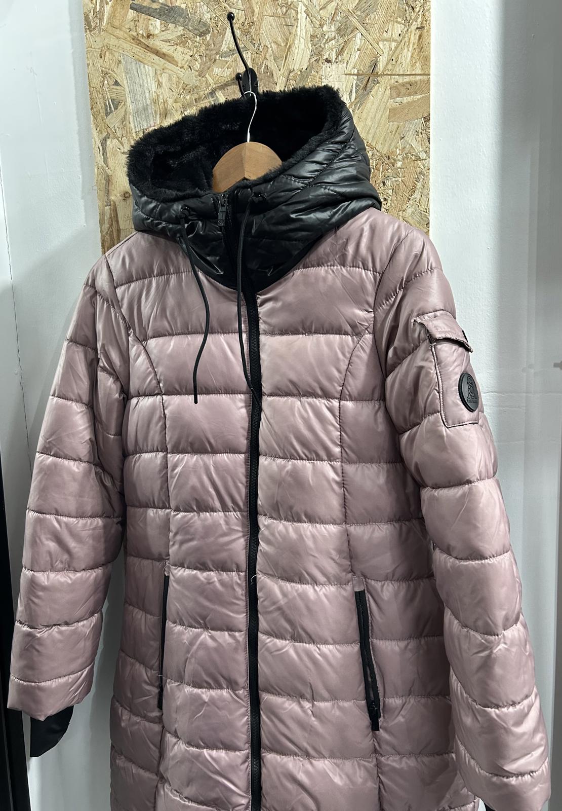 Steve Madden Parka Women Medium 10-12 Pink Black Quilted Puffer Hooded Coat
