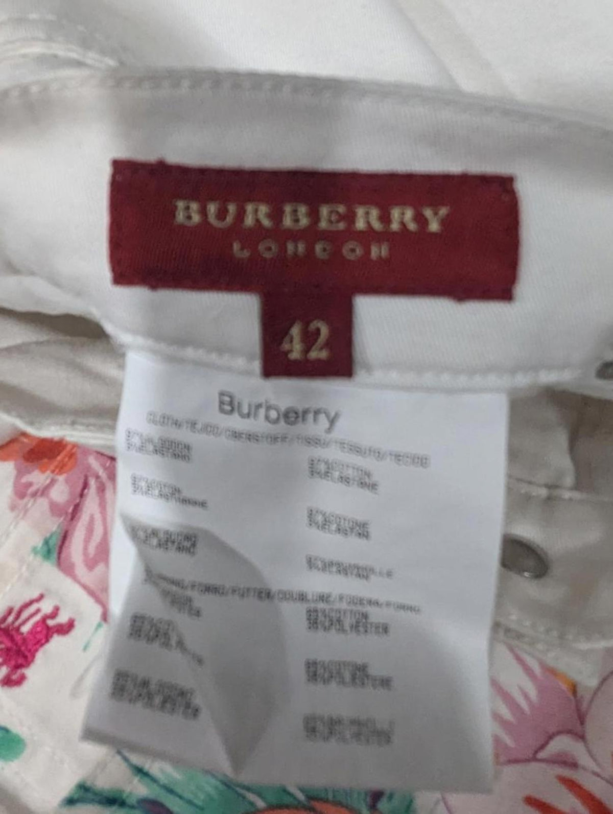 Burberry White Jeans W30 L34 Women Y2K Slim Zip Fly Stretch Floral Print Vintage