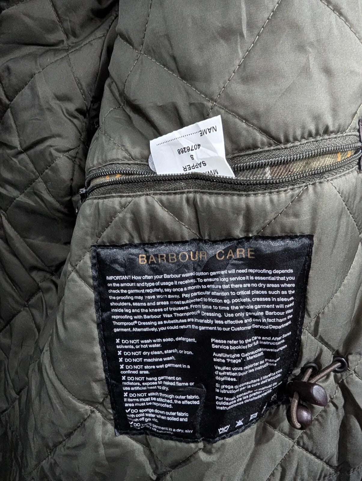 Barbour Sapper Utility Jacket Mens Small Olive Green Waxed Cotton Quilted Padded