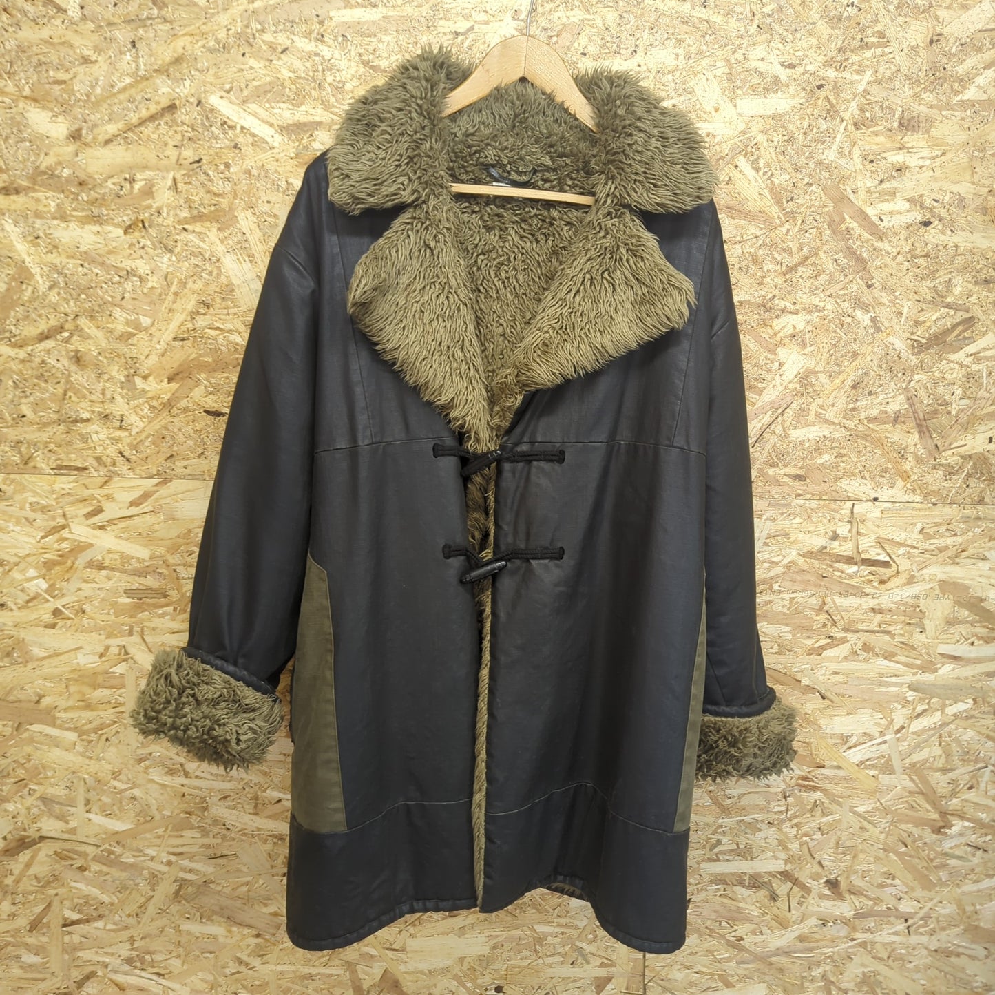 Dries Van Noten Long Line Waxed Sherpa Duffle Coat Charcoal Canvas Womens XL