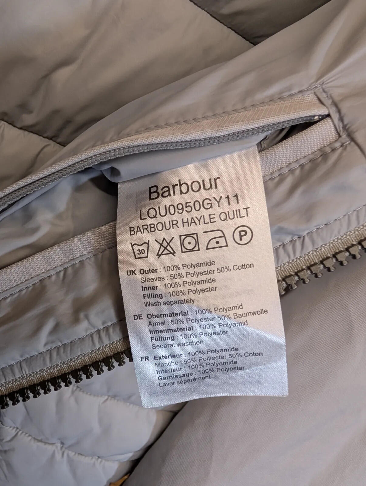 Barbour Hayle Quilt Jacket Womens UK 14 Light Cream Grey Puffer Fibre Down