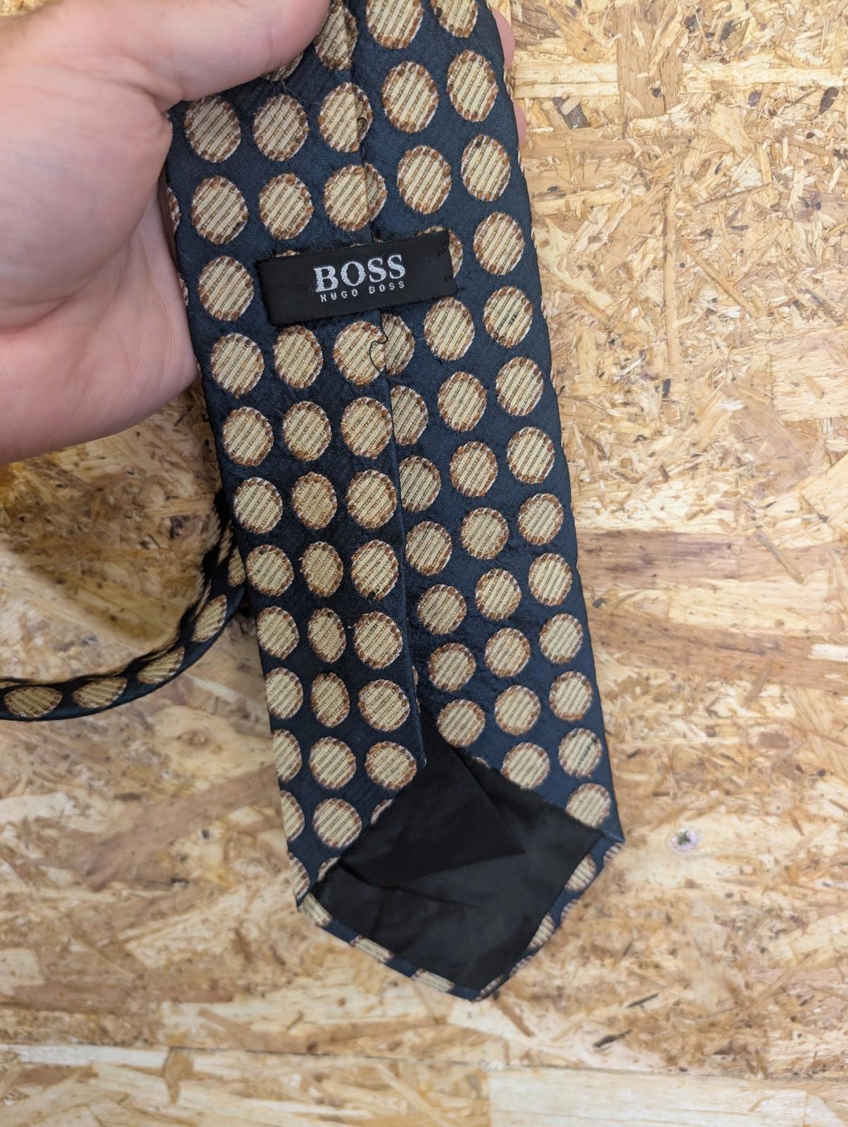 Hugo Boss Mens Tie Polka Dot Pattern Silk Black Brown Classic 90s Vintage